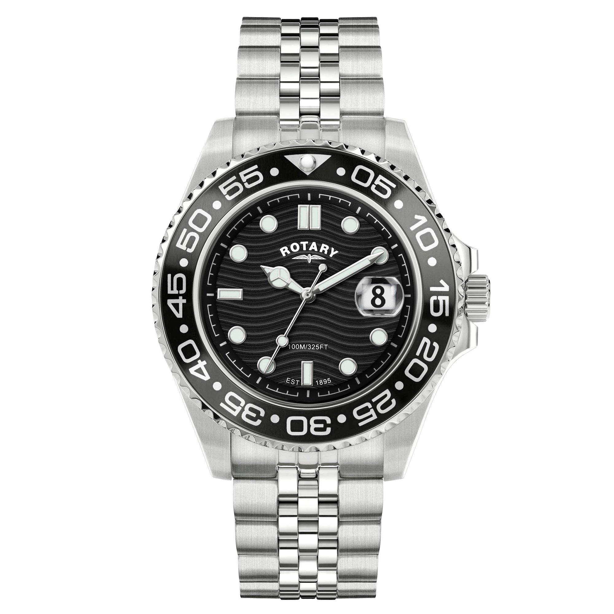 Silver - Rotary - Mens Apex 100 Black Dial SS Bracelet Watch - 1