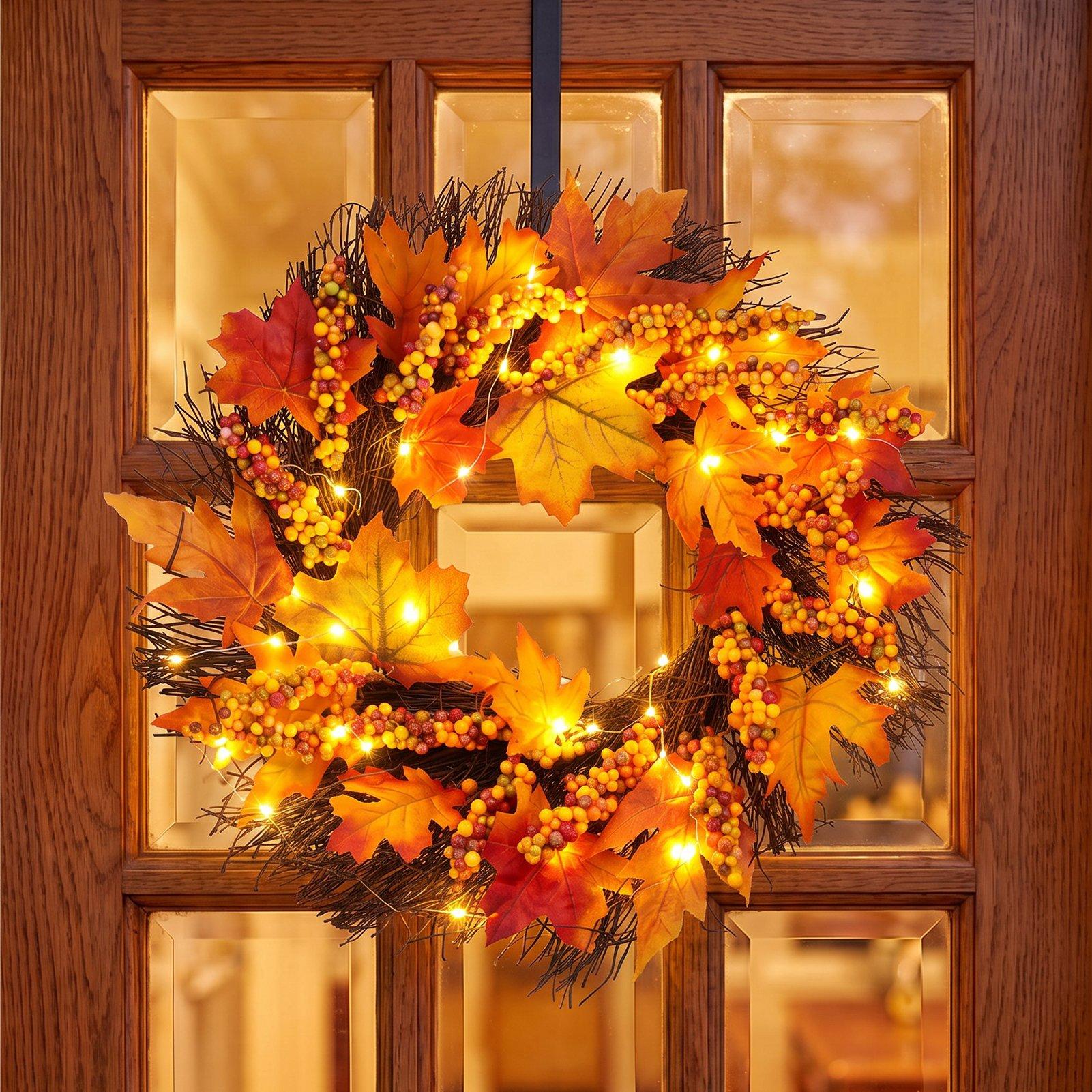 Orange - LIFE IDEAS - Lighted Maple Leaves Rattan Wreath - 1