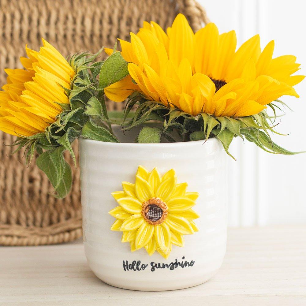 Something Different  Hello Sunshine Plant Pot With 3D Sunflower - White