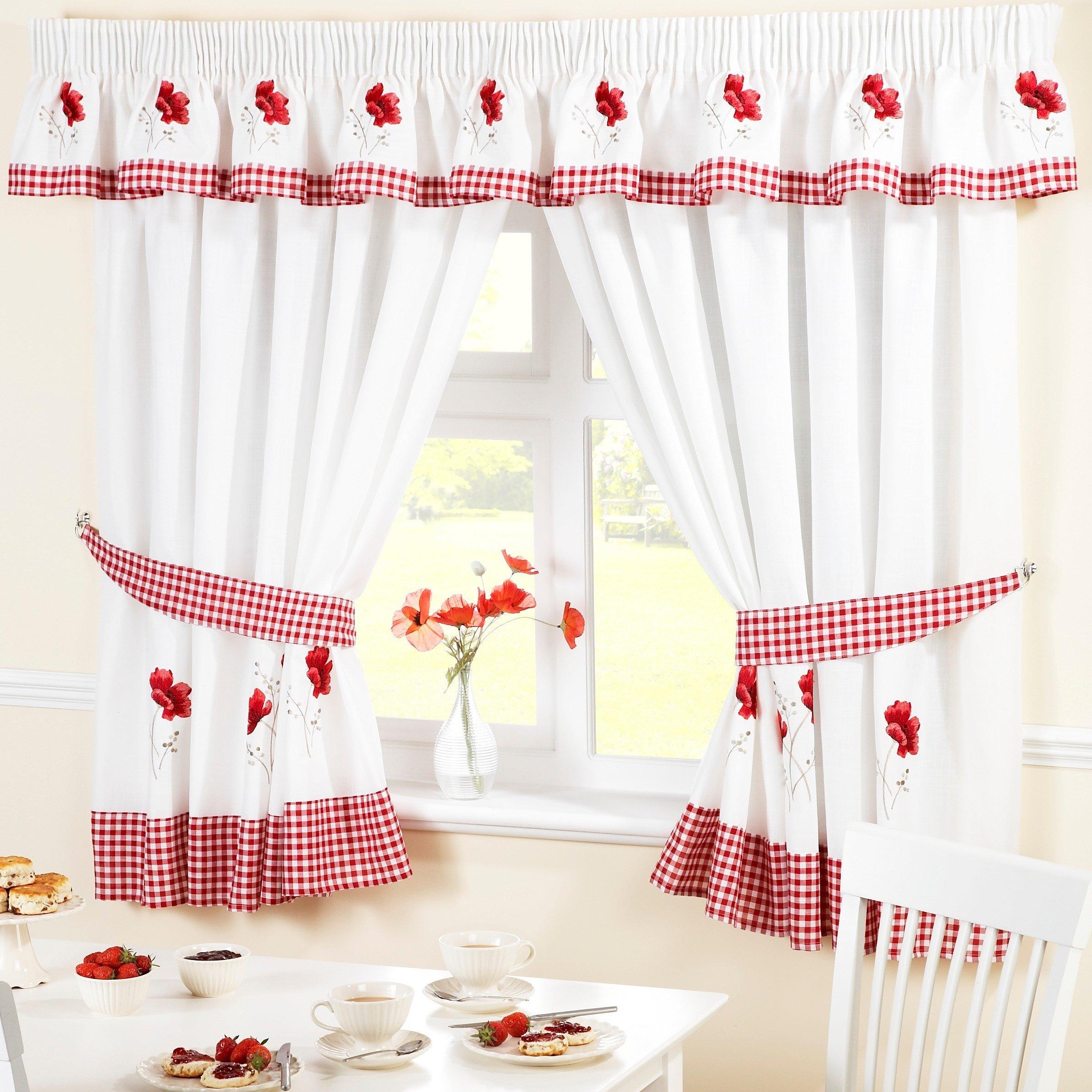 Red/White - Alan Symonds - Poppies Unlined Pencil Pleat Curtains & Pelmet Set - 1