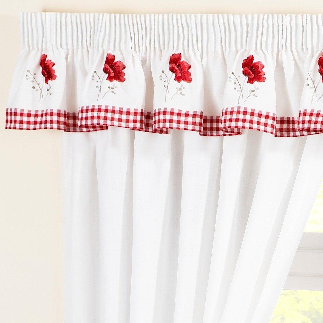 Red/White - Alan Symonds - Poppies Unlined Pencil Pleat Curtains & Pelmet Set - 2