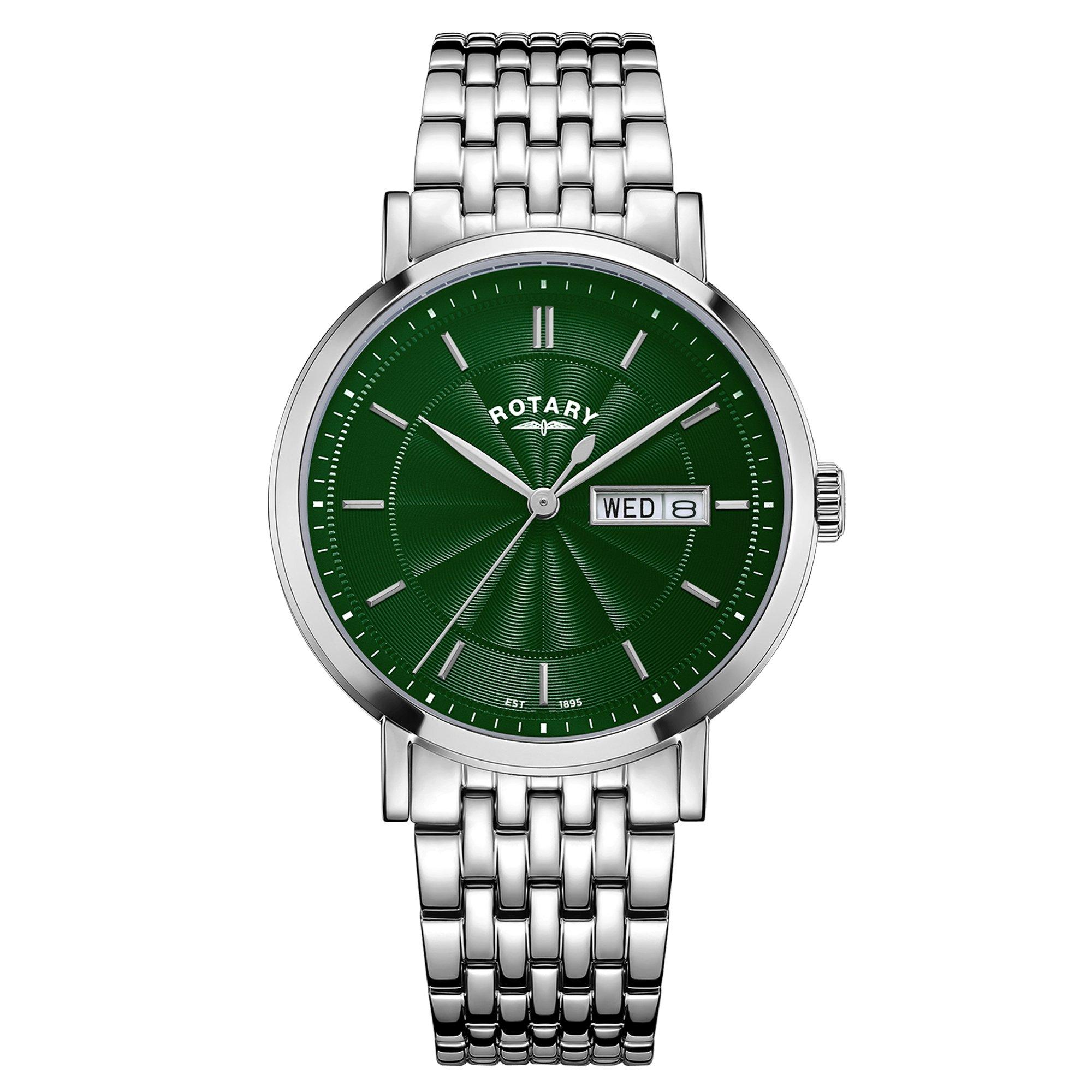 Silver - Rotary - Mens Heritage Green Dial SS Bracelet Watch - 1