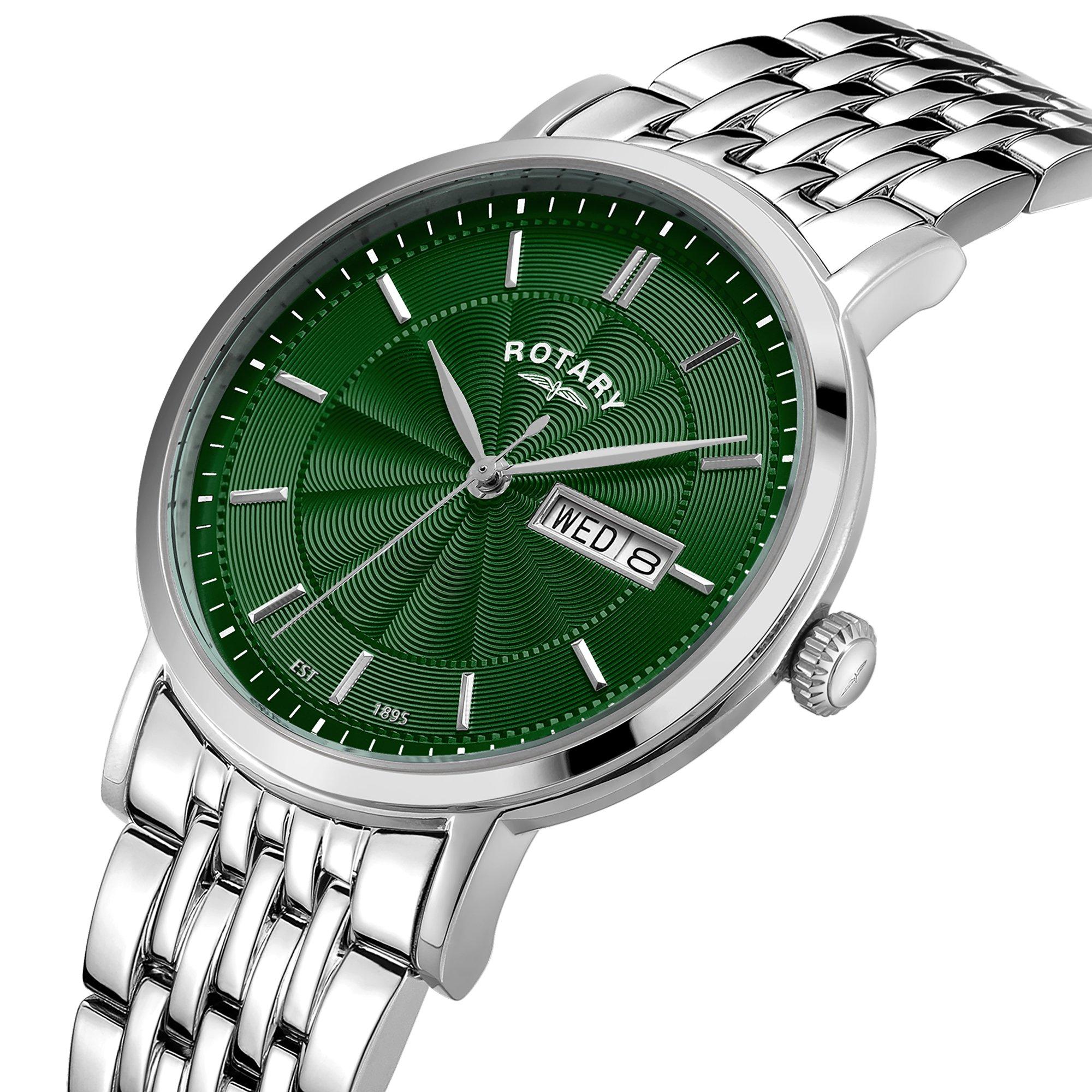 Silver - Rotary - Rotary Mens Heritage Green Dial SS Bracelet Watch - 2