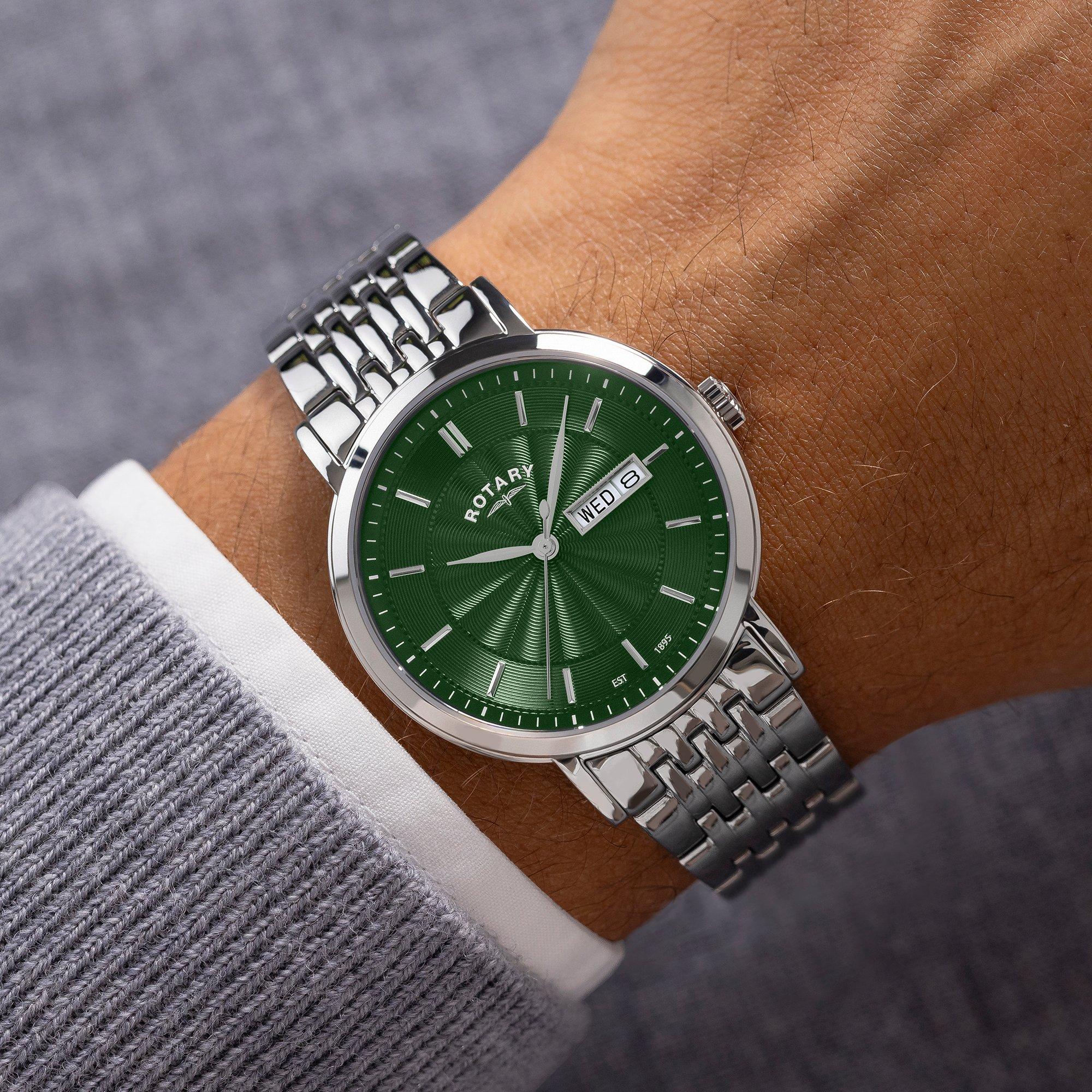 Silver - Rotary - Rotary Mens Heritage Green Dial SS Bracelet Watch - 3