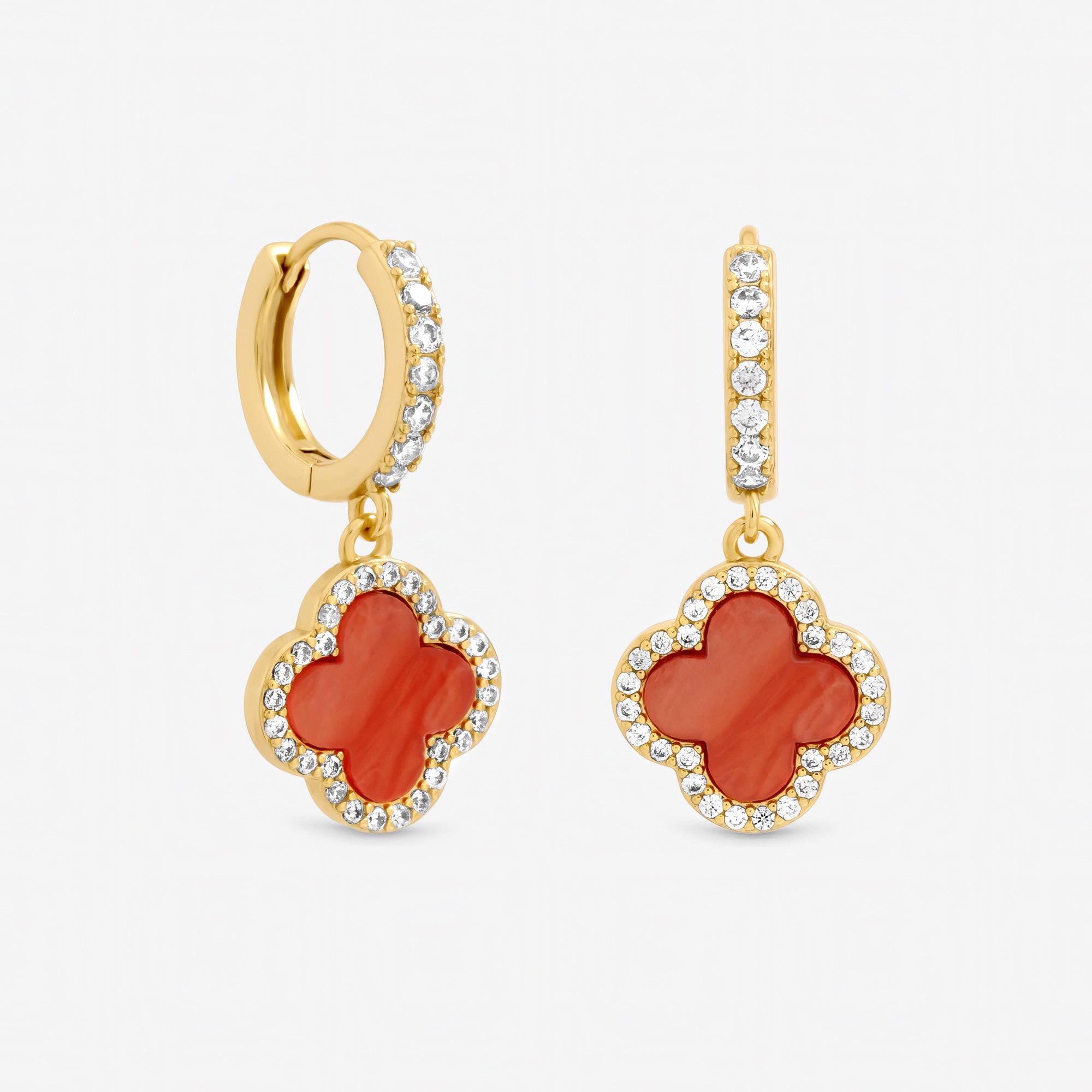 Gold - Jon Richard - Gold Plated and Coral Clover Huggie Earrings - 1