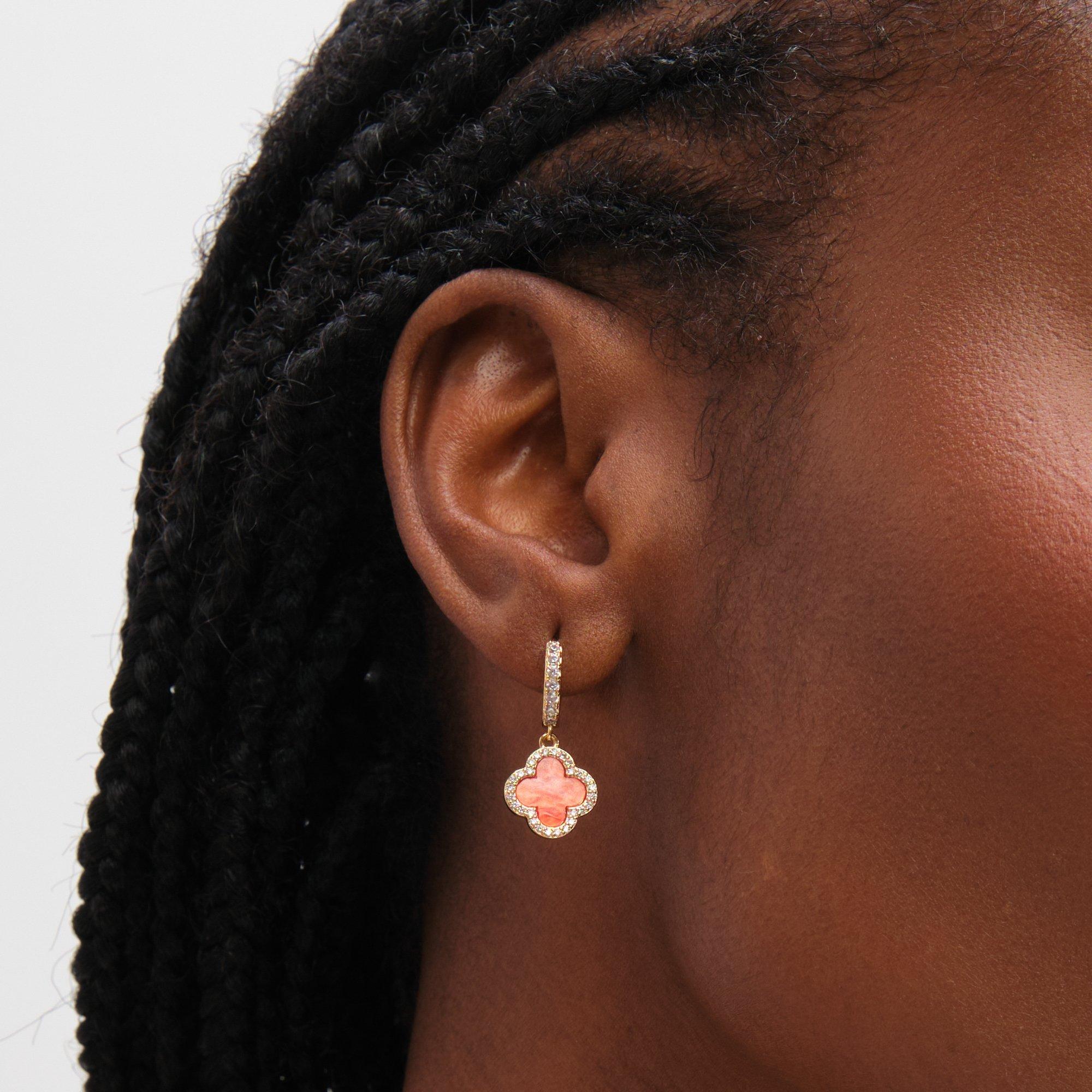 Gold - Jon Richard - Gold Plated and Coral Clover Huggie Earrings - 2