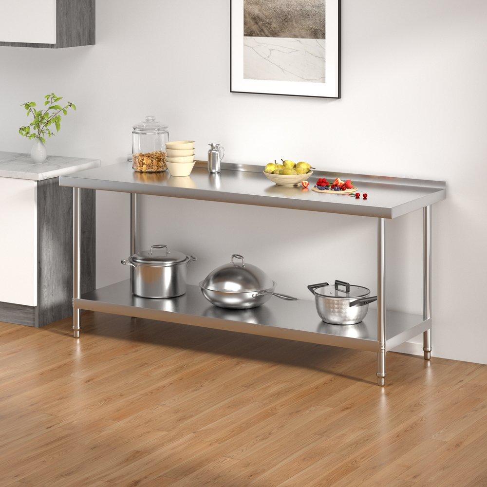 Silver - Breeins - 1.8m 2 Tier Stainless Steel Table with Backsplash - 2