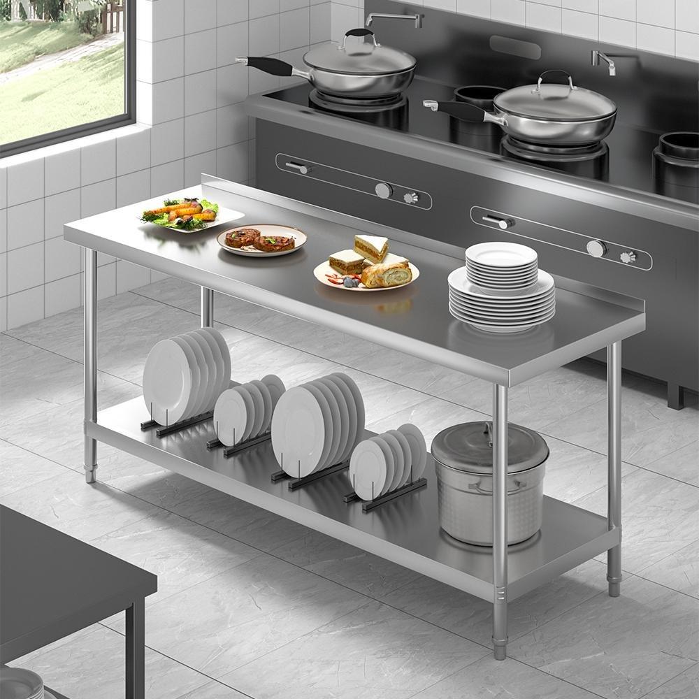 Silver - Breeins - 1.8m 2 Tier Stainless Steel Table with Backsplash - 3