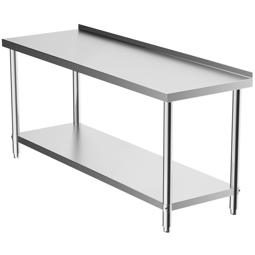 Silver - Breeins - 1.8m 2 Tier Stainless Steel Table with Backsplash - 5