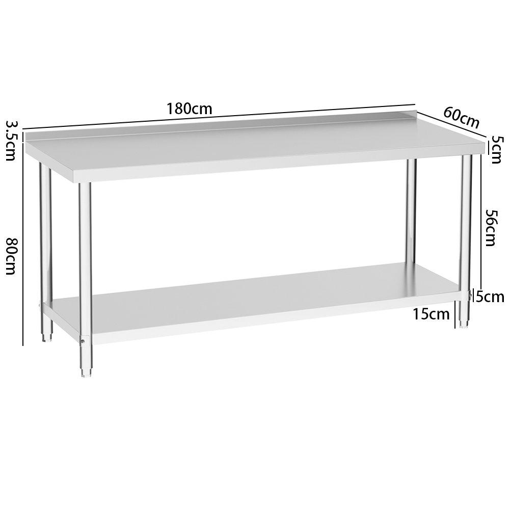Silver - Breeins - 1.8m 2 Tier Stainless Steel Table with Backsplash - 6