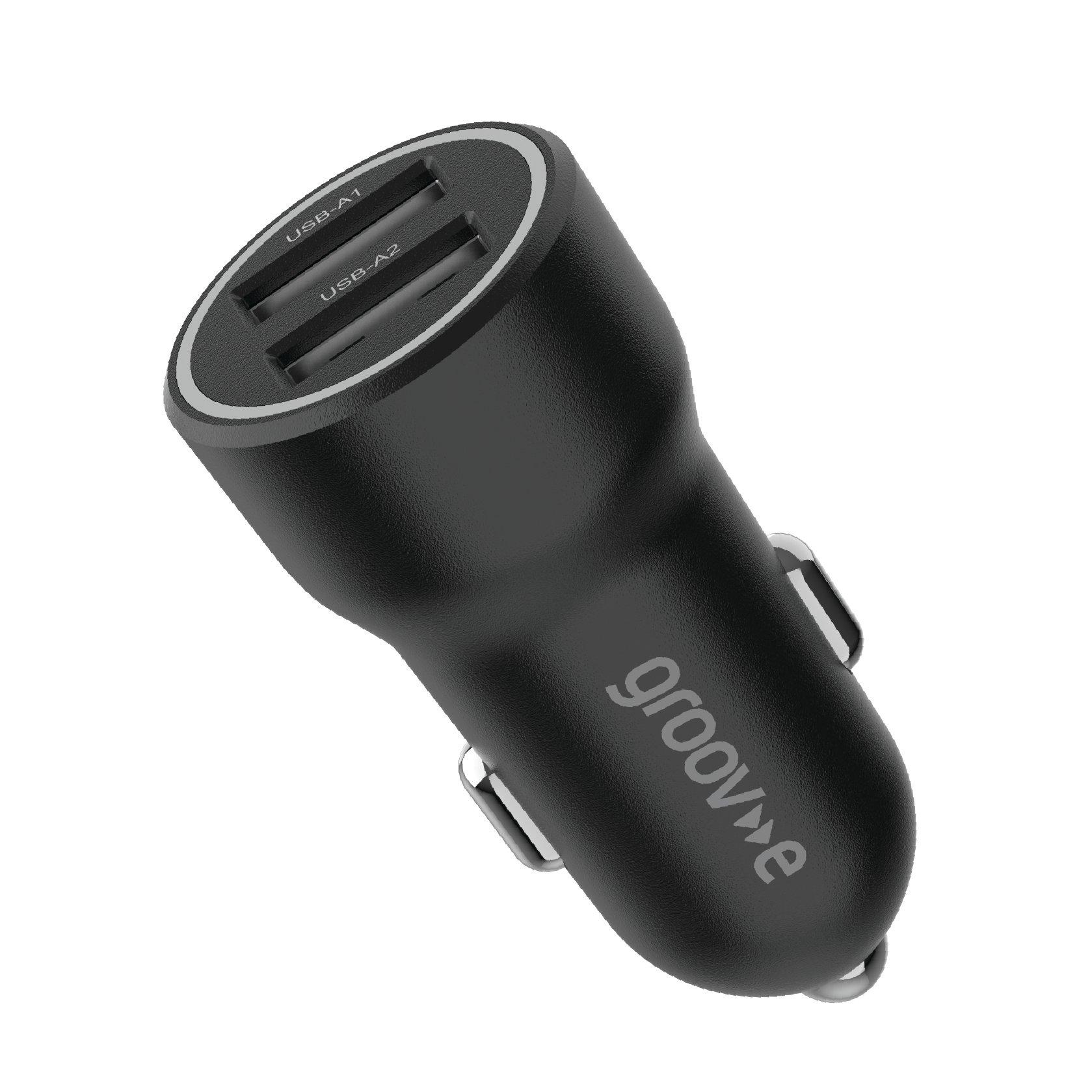 Black - Groov-e - Dual USB-A Car Charger 15W - Black - 1