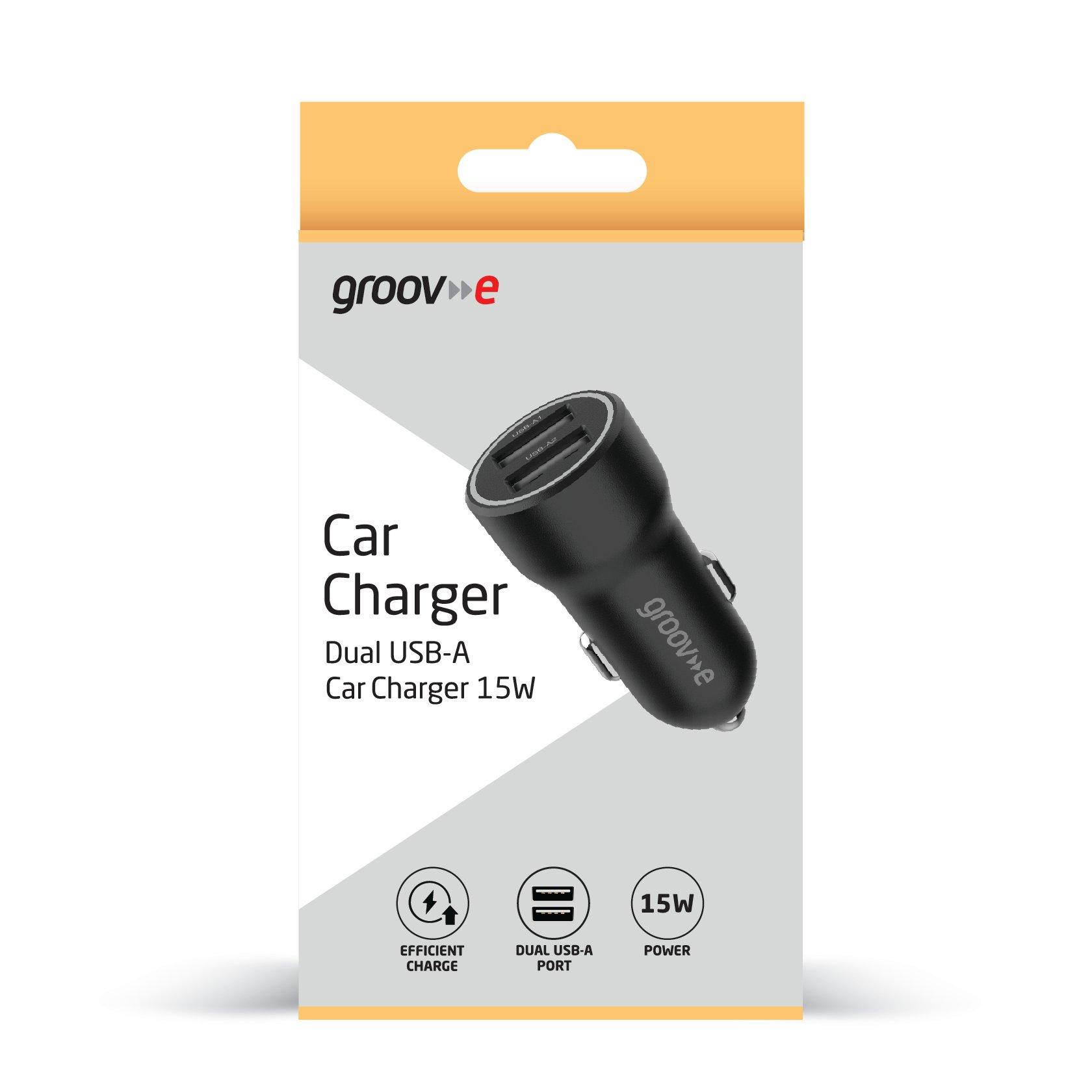 Black - Groov-e - Dual USB-A Car Charger 15W - Black - 2