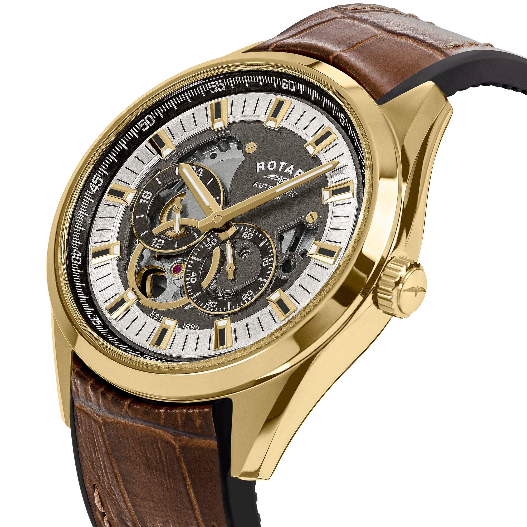 Brown - Rotary - Rotary Mens Seamatic Eclipse Leather Strap Watch - 2