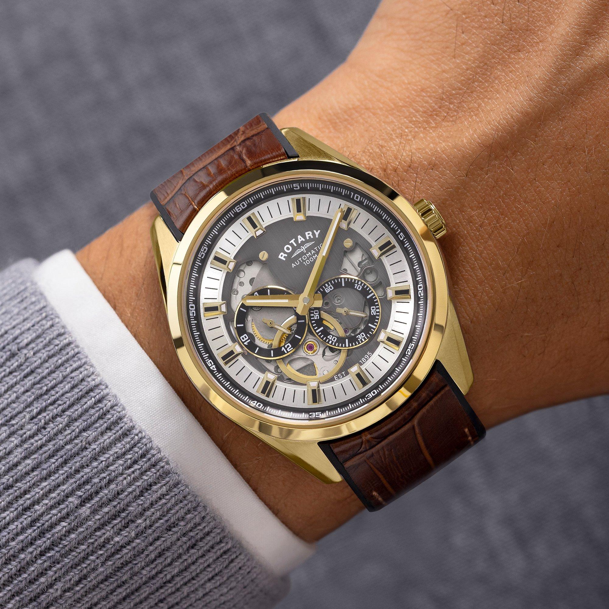 Brown - Rotary - Rotary Mens Seamatic Eclipse Leather Strap Watch - 3