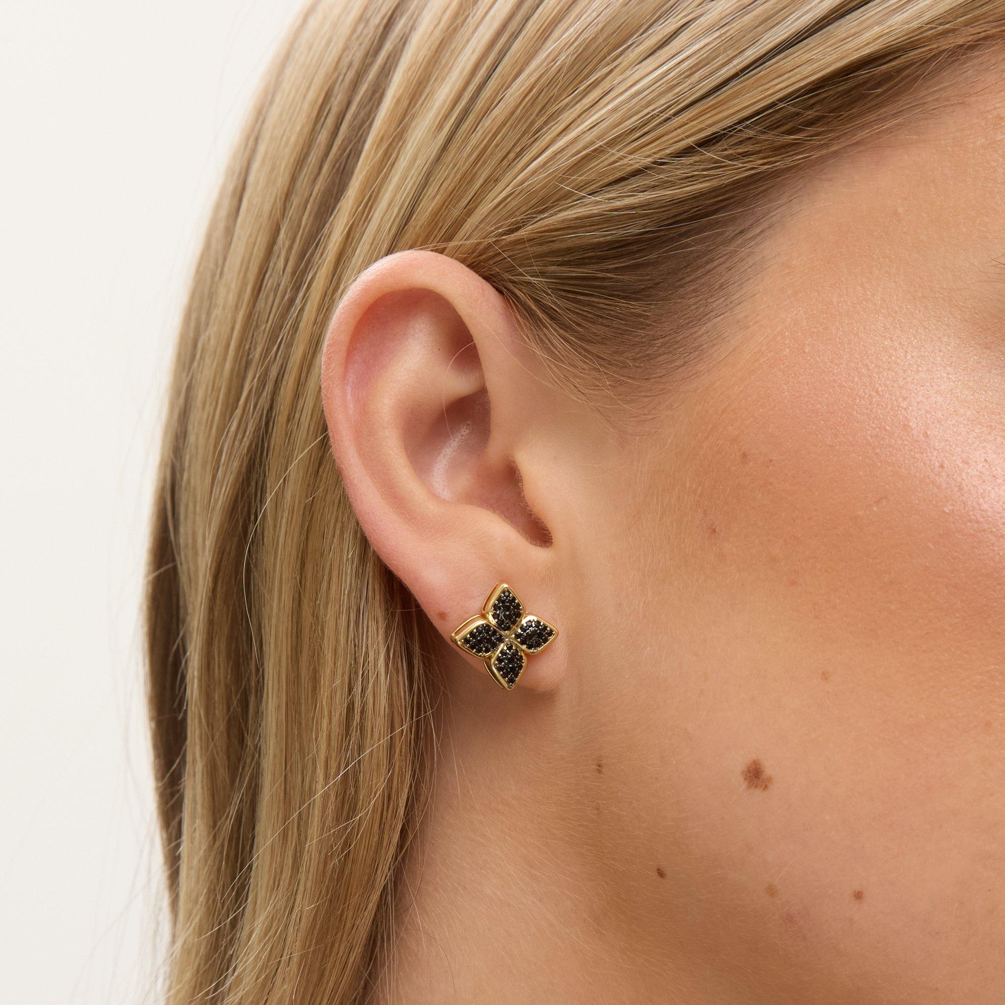 Gold - Jon Richard - 14K Gold Plated and Jet Stone Clover Earrings - 2