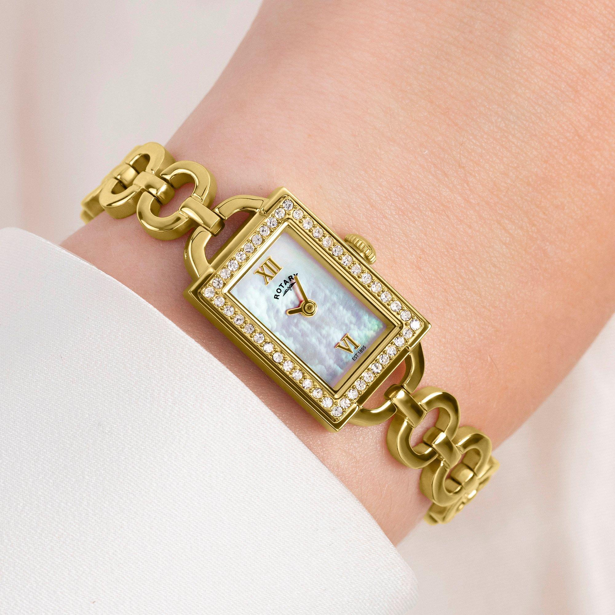 Gold - Rotary - Rotary Ladies Cocktail Stone Set SS Bracelet Watch - 3