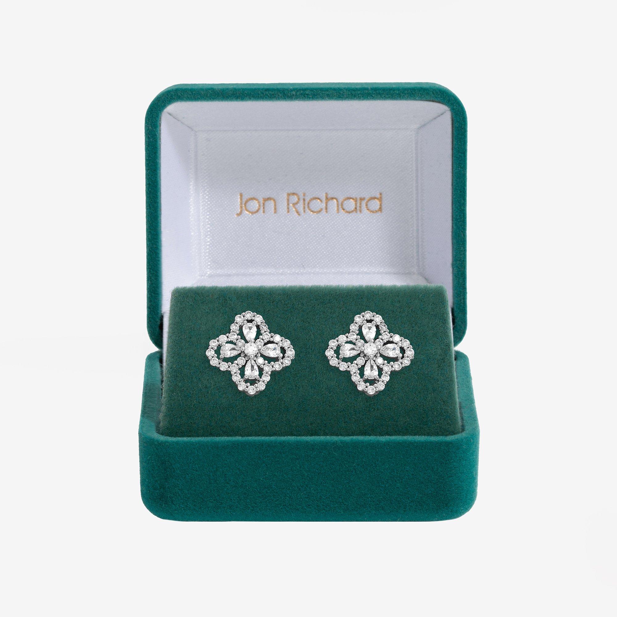 Silver - Jon Richard - Rhodium Plated CZ Clover Studs - Gift Box - 1