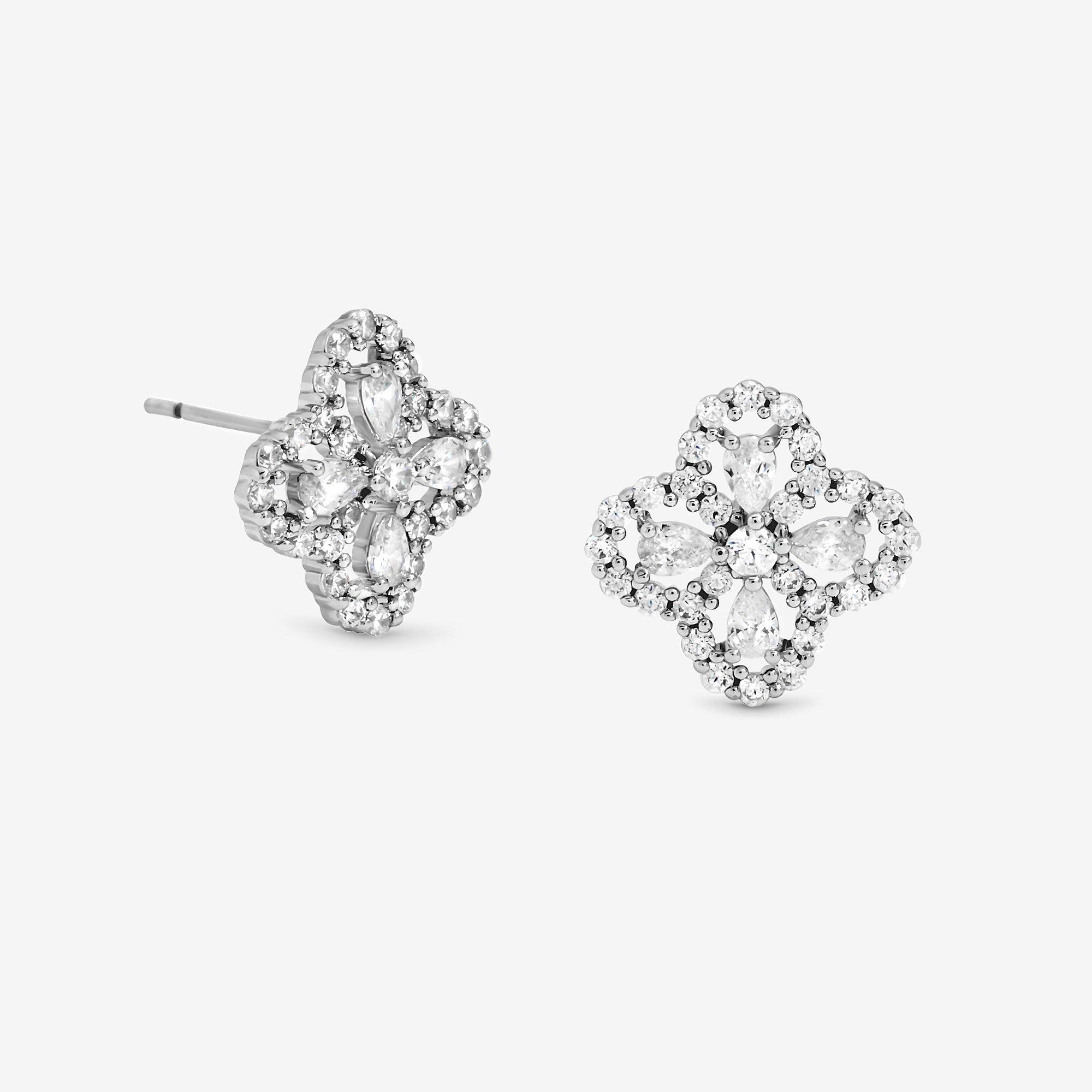 Silver - Jon Richard - Rhodium Plated CZ Clover Studs - Gift Box - 2