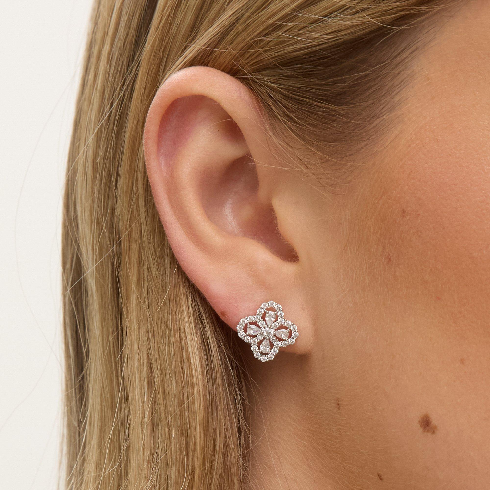 Silver - Jon Richard - Rhodium Plated CZ Clover Studs - Gift Box - 3