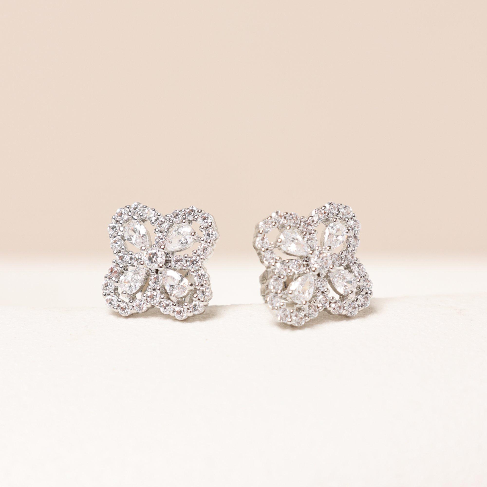 Silver - Jon Richard - Rhodium Plated CZ Clover Studs - Gift Box - 4