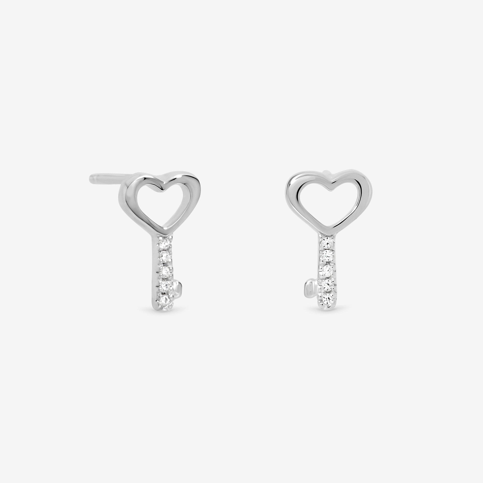 Simply Women's Sterling 925 Polished Heart Key Studs Silver