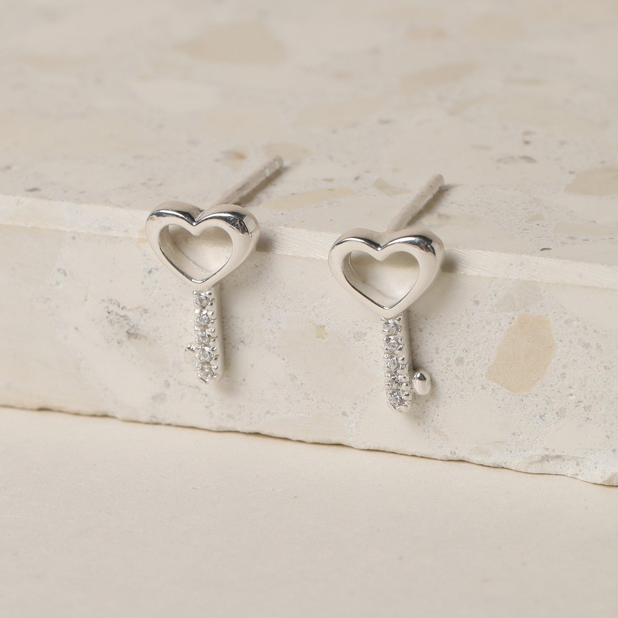 Silver - Simply Silver - Sterling Silver 925 Polished Heart Key Studs - 2