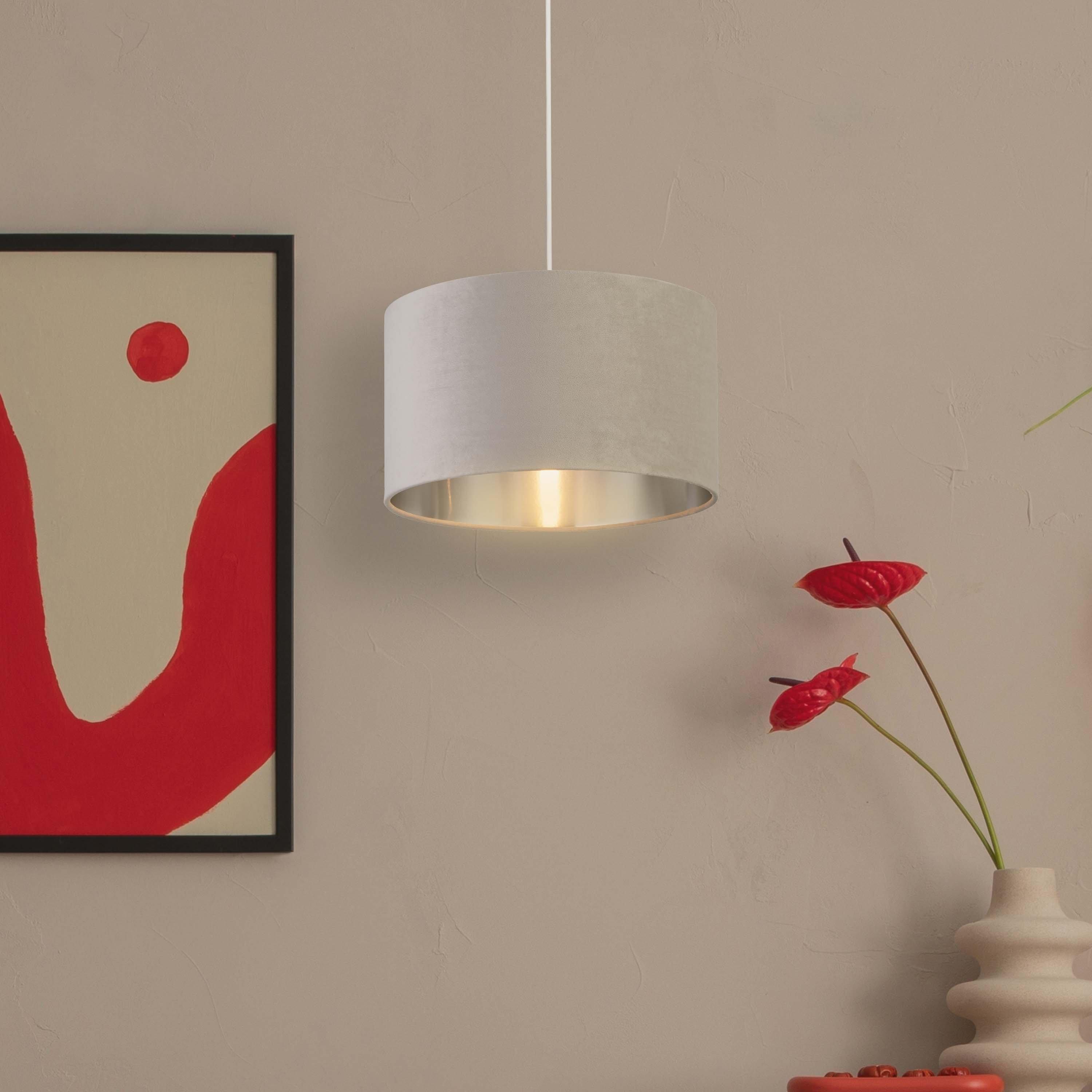 Grey - Lighting Collection - LIGHT GREY VELVET DRUM SHADE & SILVER INNER (D35cm - 1