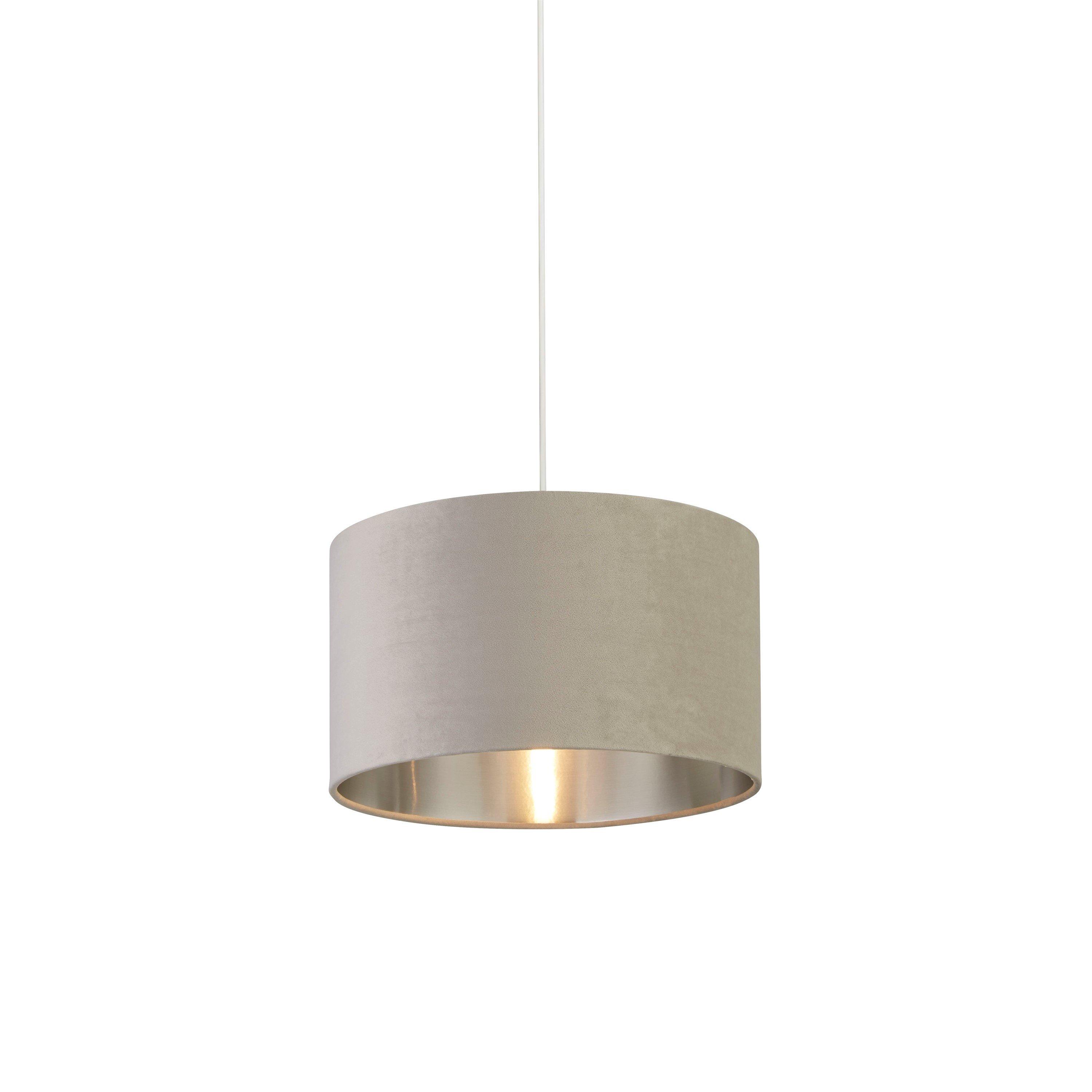 Grey - Lighting Collection - LIGHT GREY VELVET DRUM SHADE & SILVER INNER (D35cm - 2