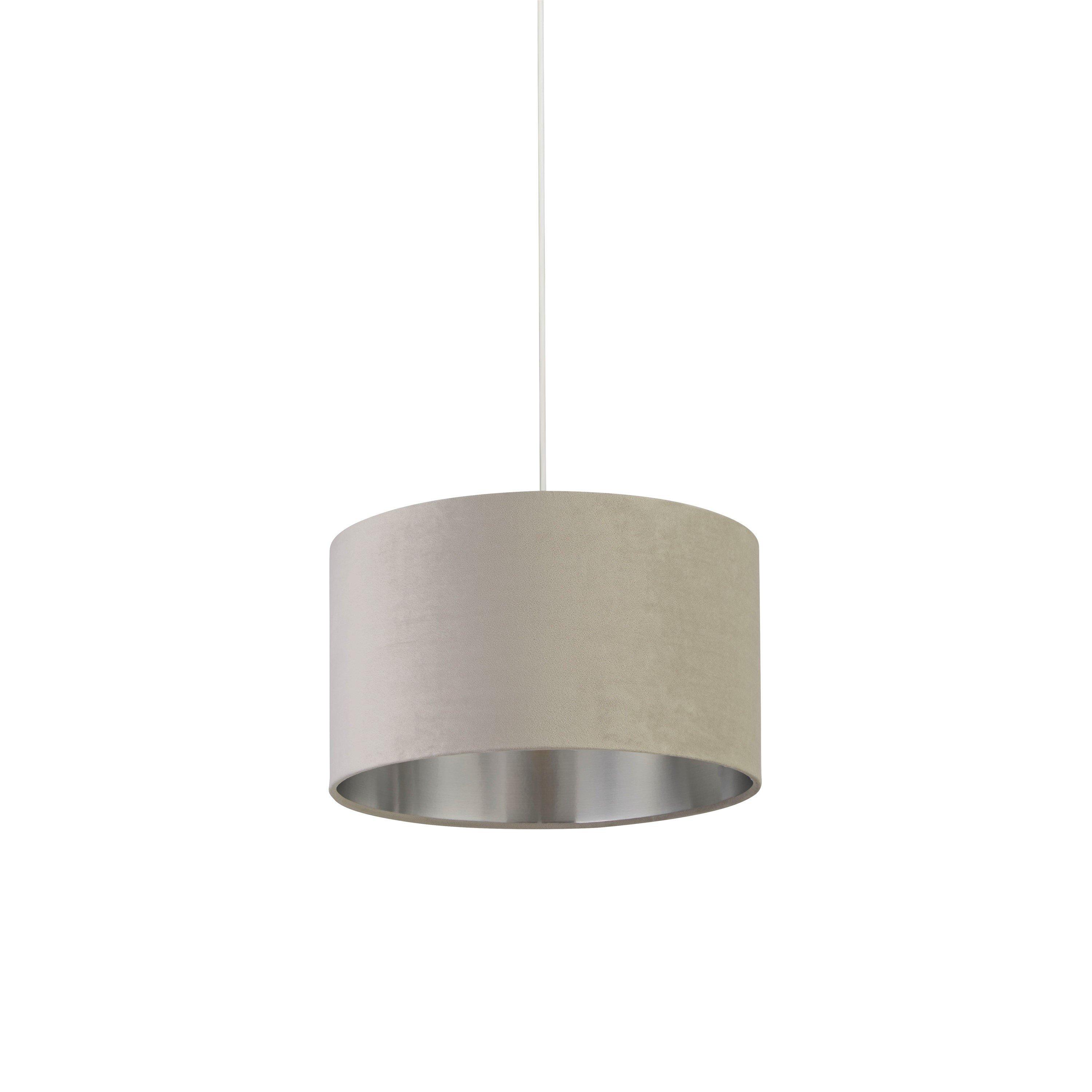 Grey - Lighting Collection - LIGHT GREY VELVET DRUM SHADE & SILVER INNER (D35cm - 3