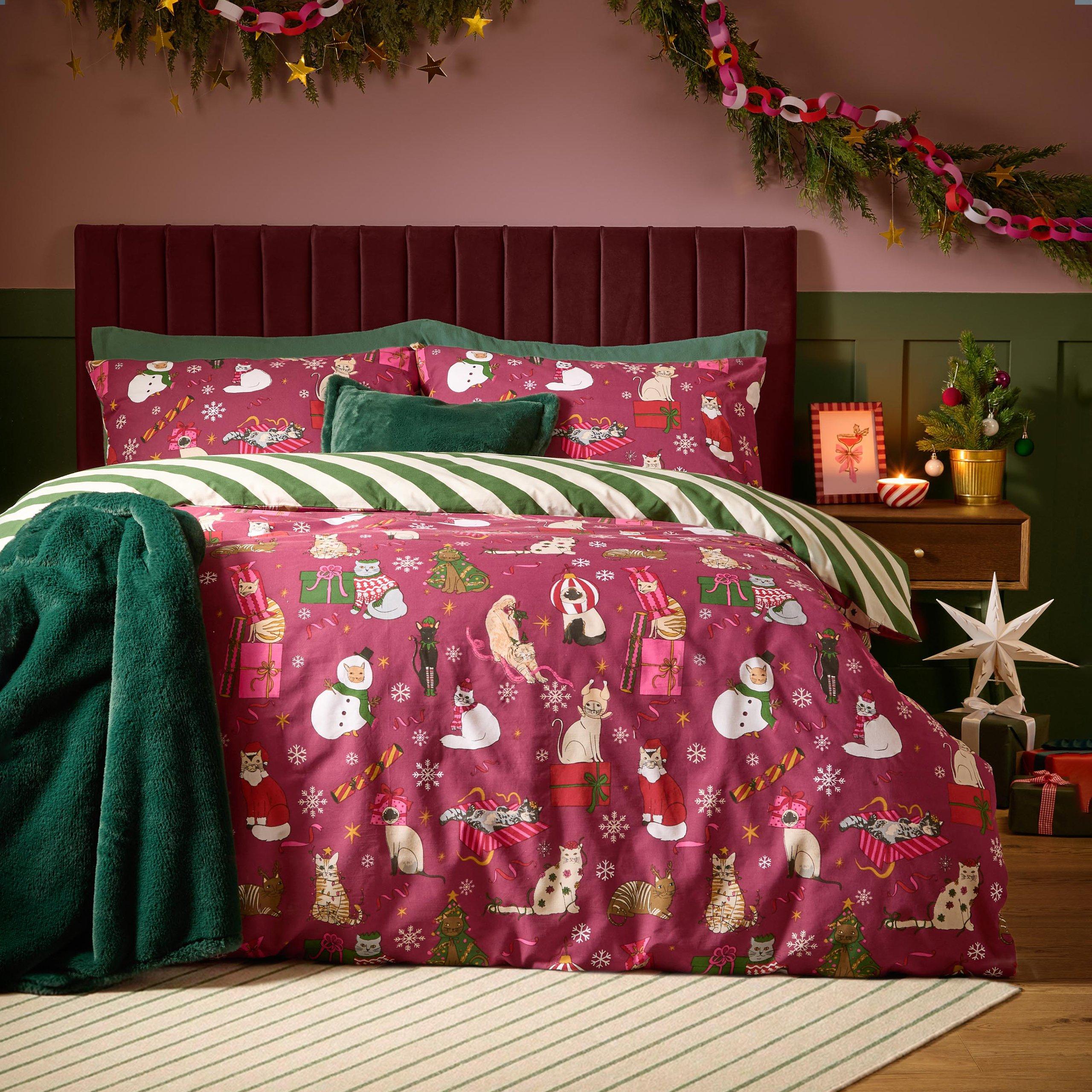 Burgundy - Furn - Feline Festive Reversible Christmas Duvet Sets - 1
