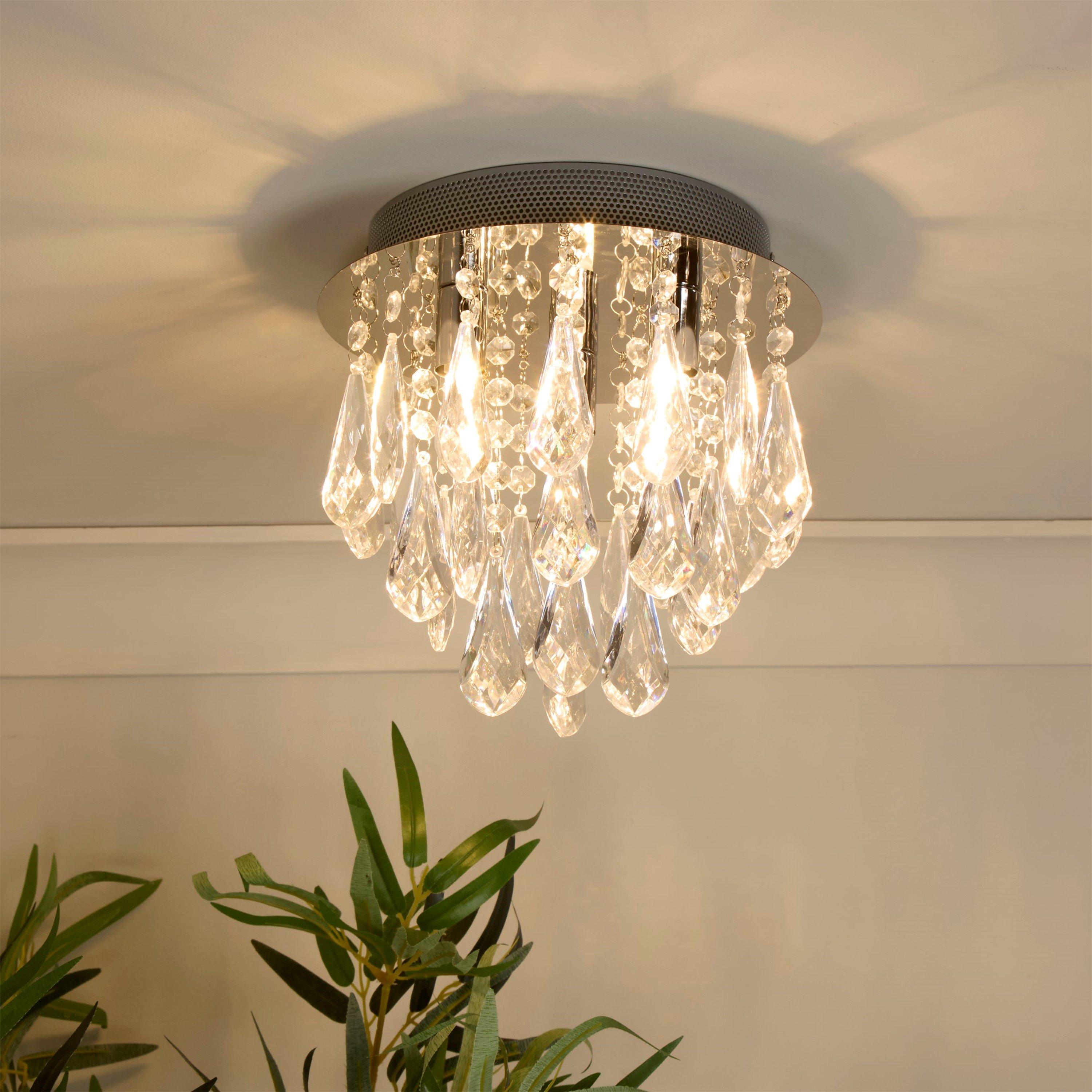 Lighting Collection  3Lt Ceiling Flush - With Clear Acrylic Drop Chrome