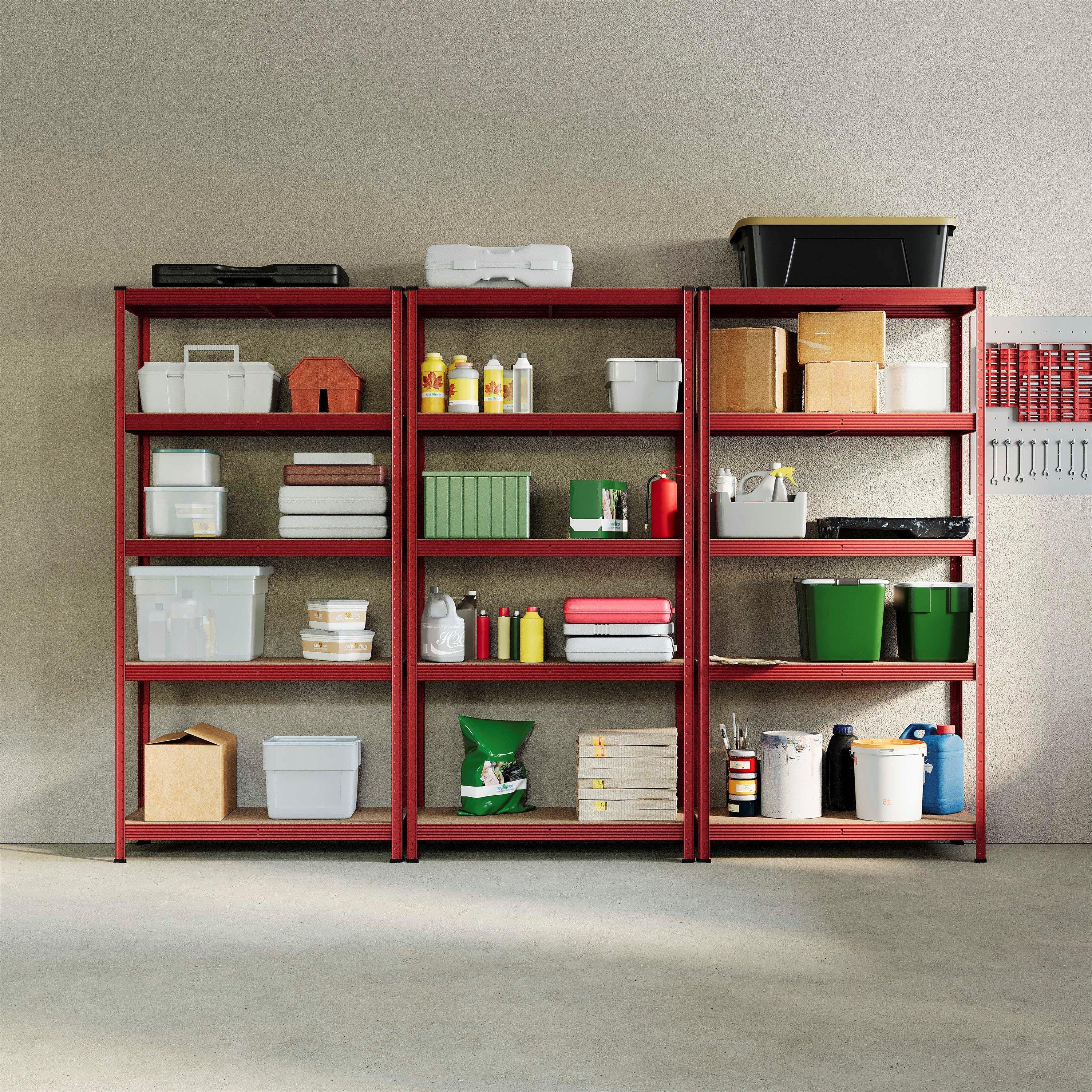 Red - Lassic - 5 Tier Heavy Duty Large Garage Shelves - 3 Bay - 3