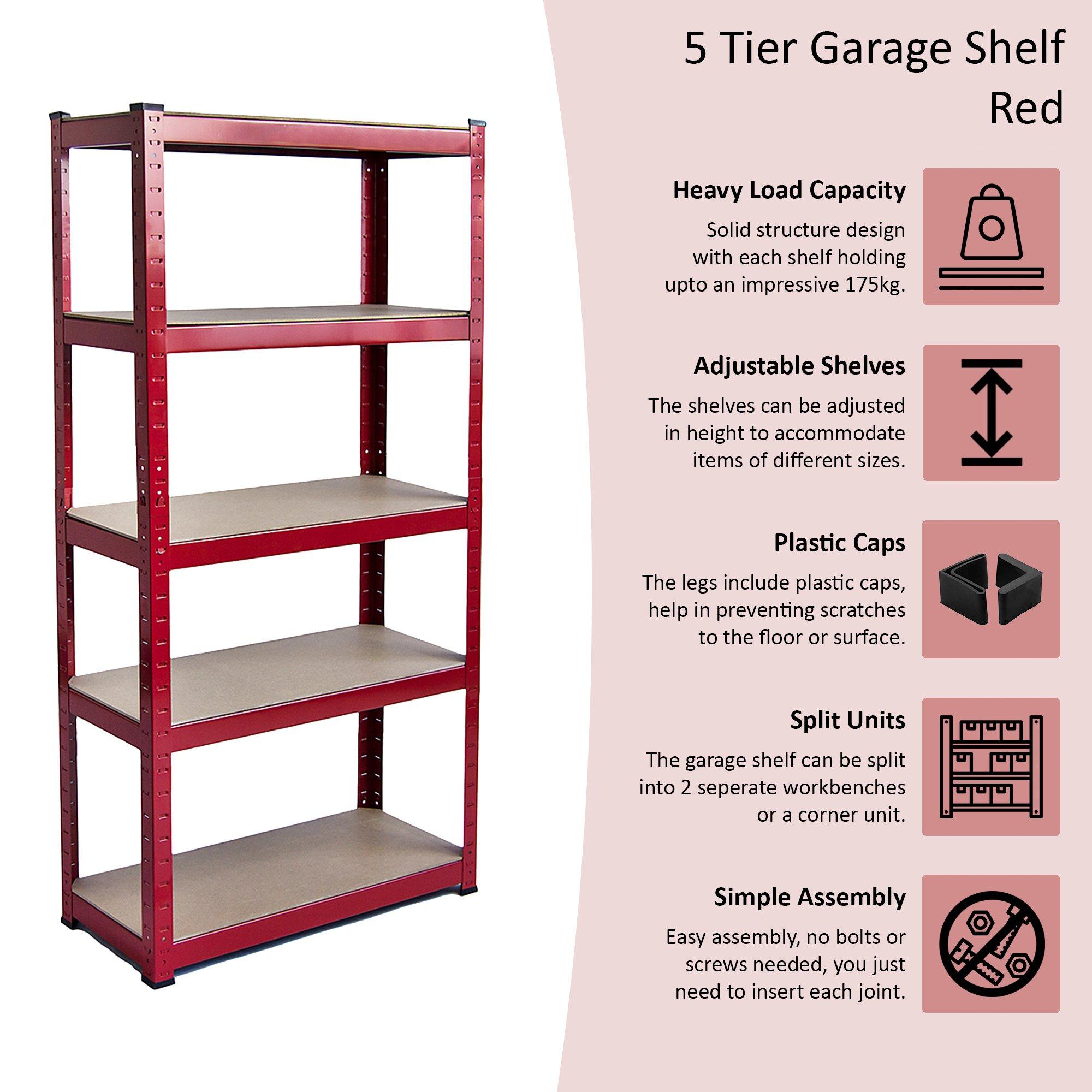 Red - Lassic - 5 Tier Heavy Duty Large Garage Shelves - 3 Bay - 8