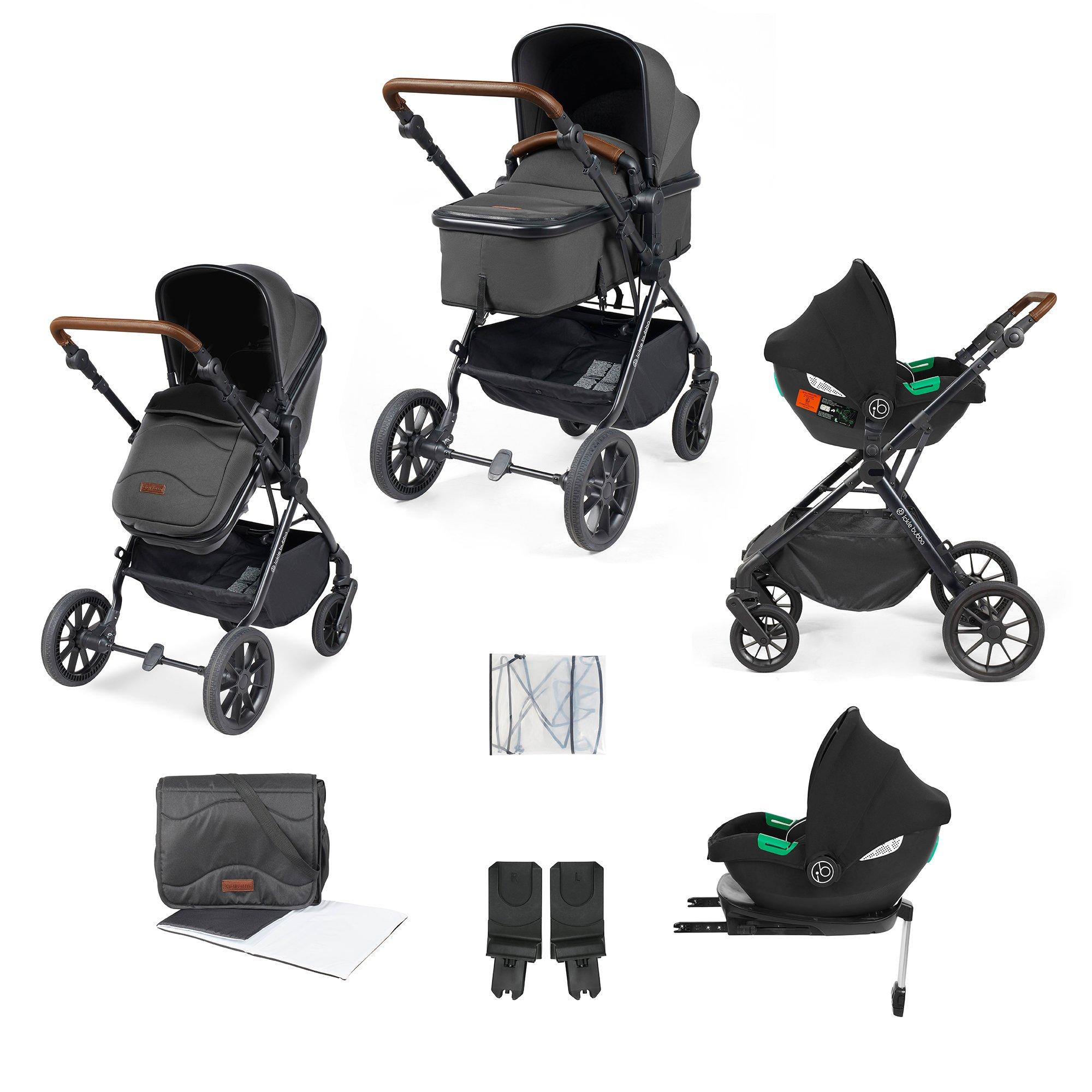 Ickle Bubba  Newborn Cosmo 9Pc Travel System W/ Cirrus+Base - Black/Graphite