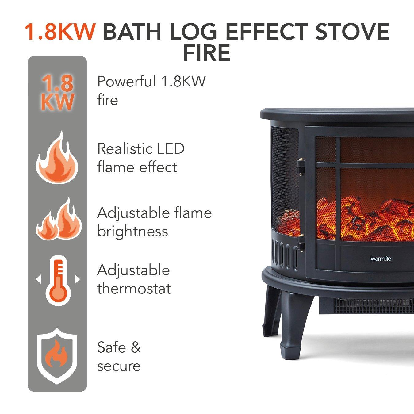 Black - Warmlite - 1.8KW Bath Log Effect Stove Fire Black - 2