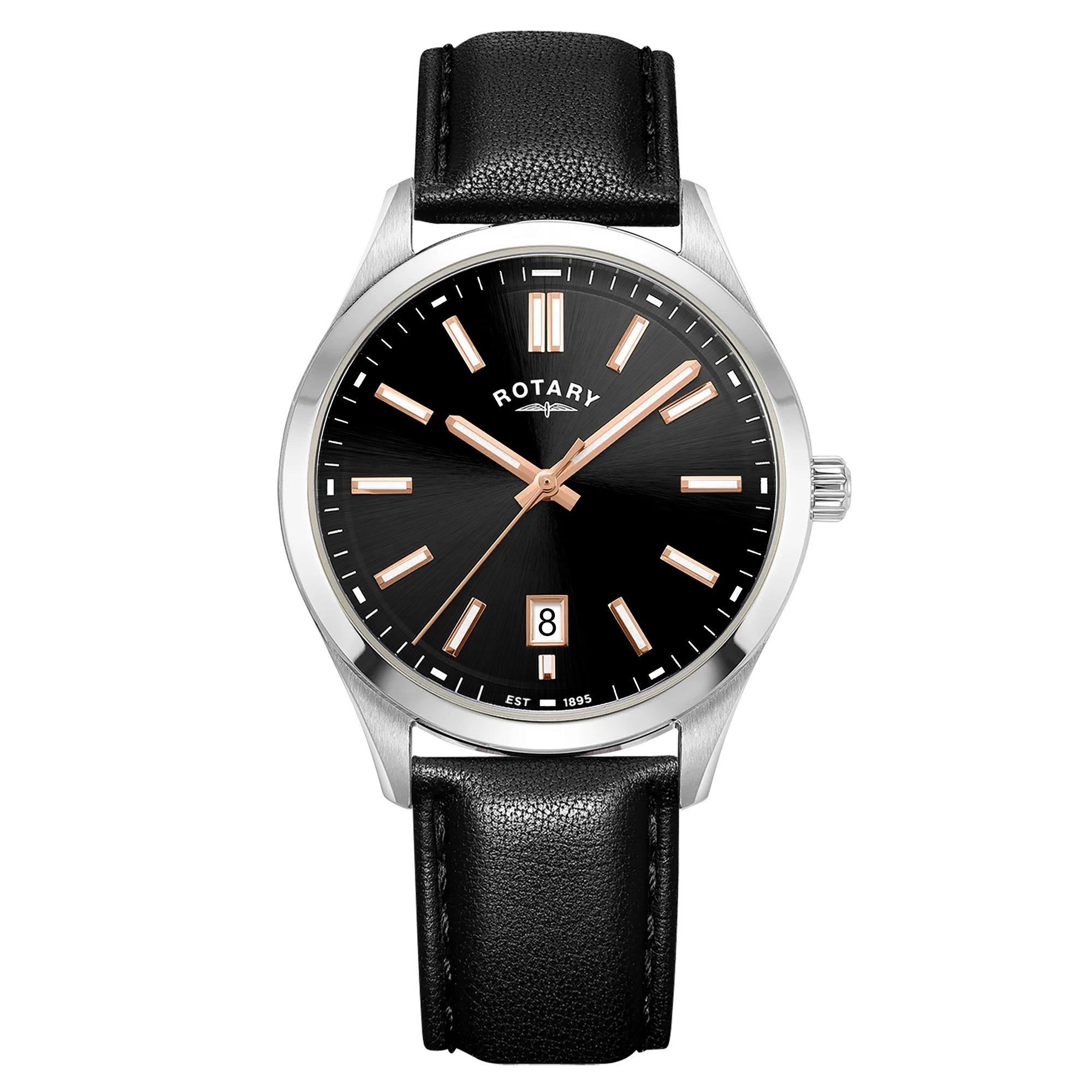 Rotary Men's Heritage Ss Leather Strap Watch Black