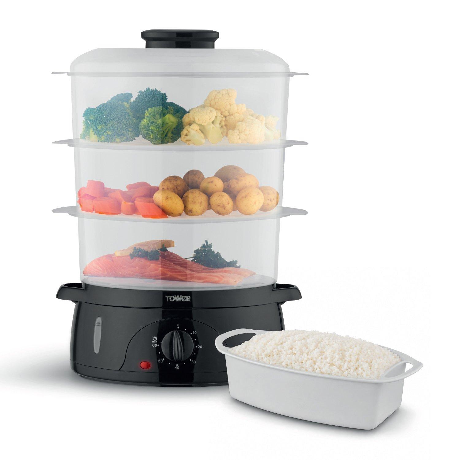 Black - Tower - Tower 9L Three-Tier Food Steamer with BPA-Free - 1