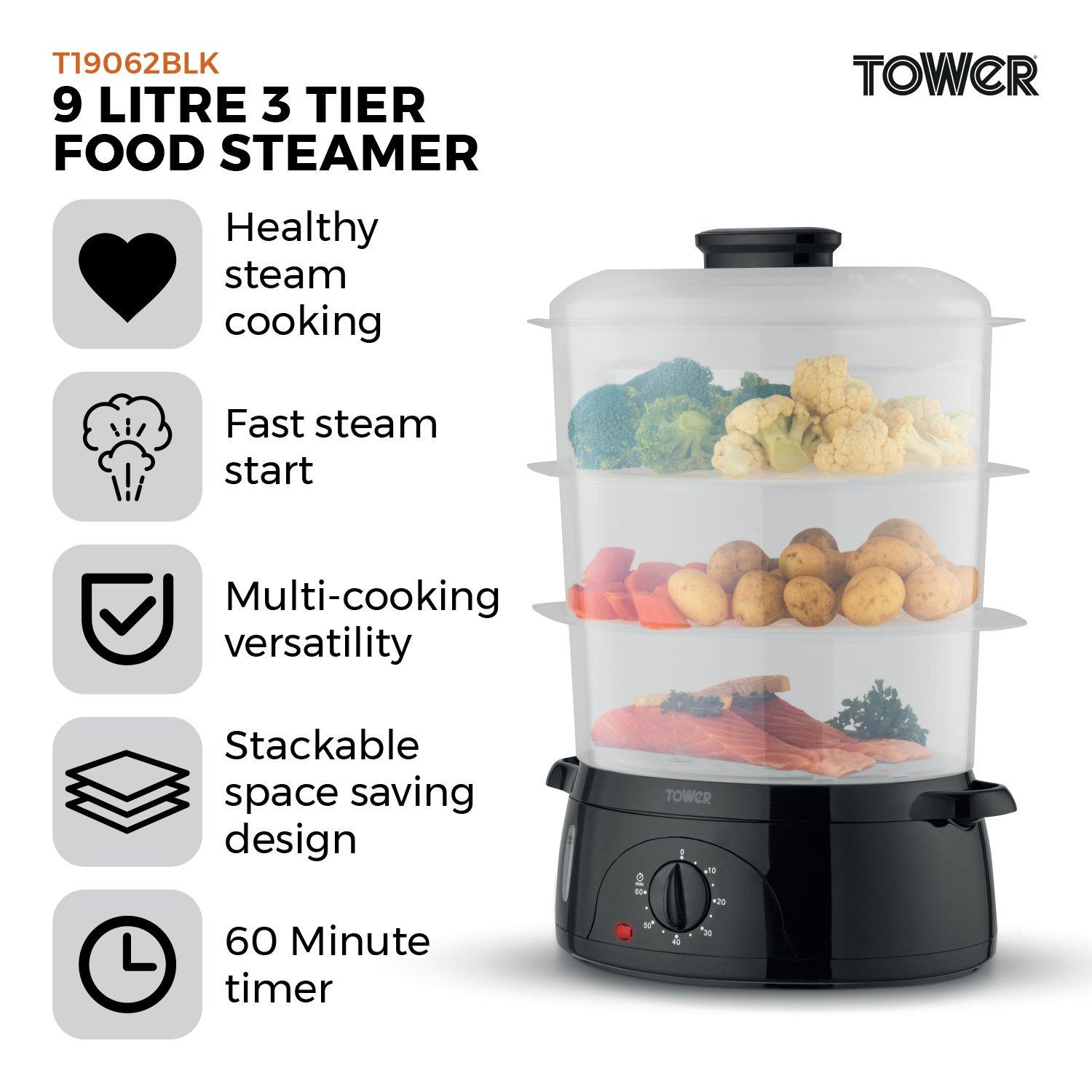 Black - Tower - Tower 9L Three-Tier Food Steamer with BPA-Free - 2