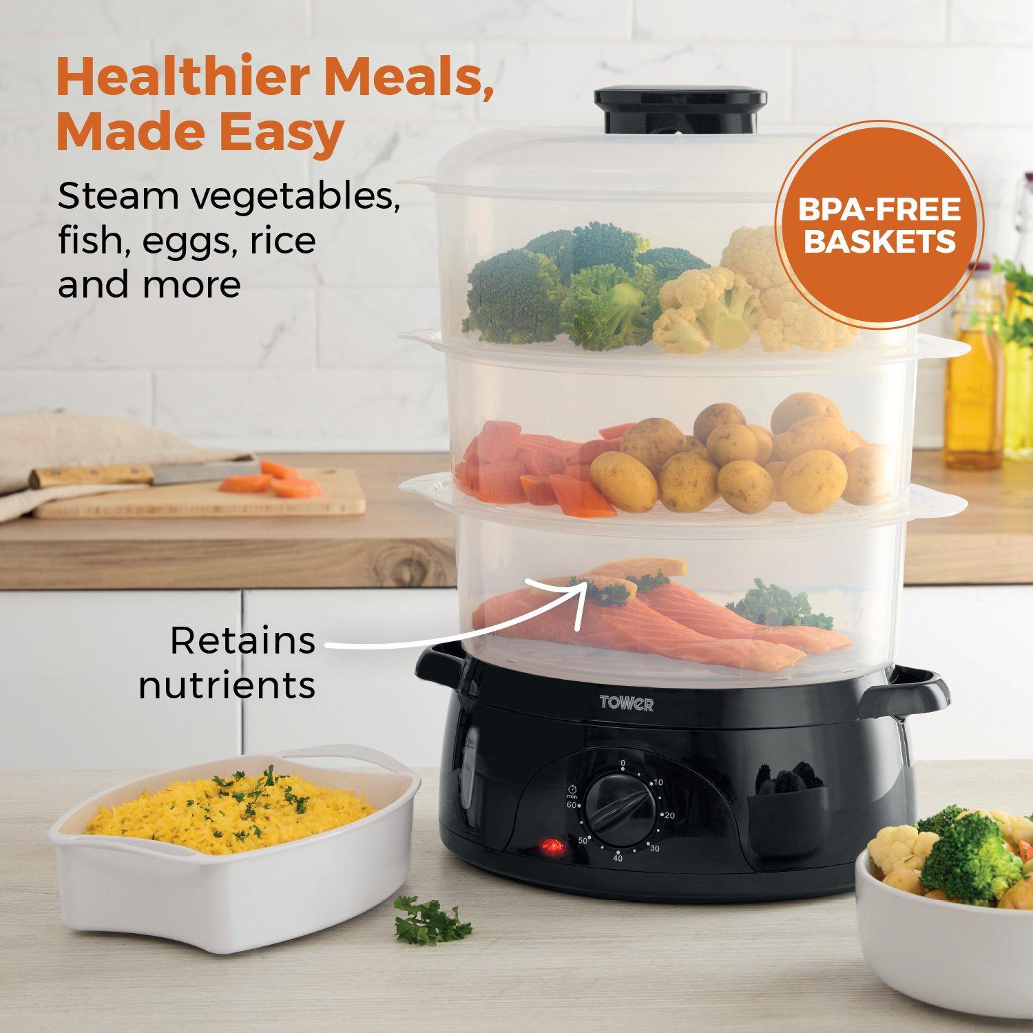 Black - Tower - Tower 9L Three-Tier Food Steamer with BPA-Free - 3