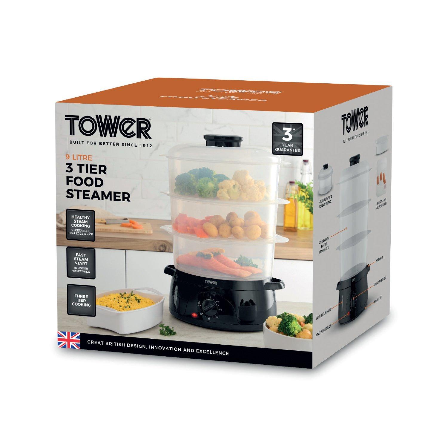 Black - Tower - Tower 9L Three-Tier Food Steamer with BPA-Free - 8