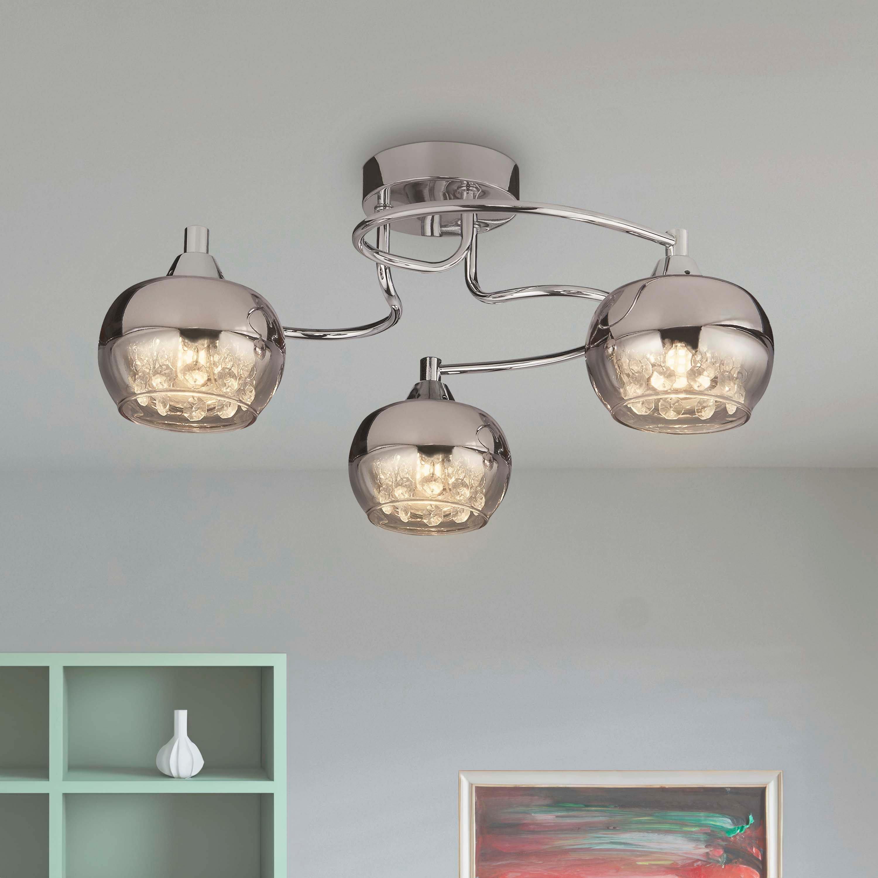 Lighting Collection  3Lt Chrome Glass Ceiling Flush With Crystal D Rose