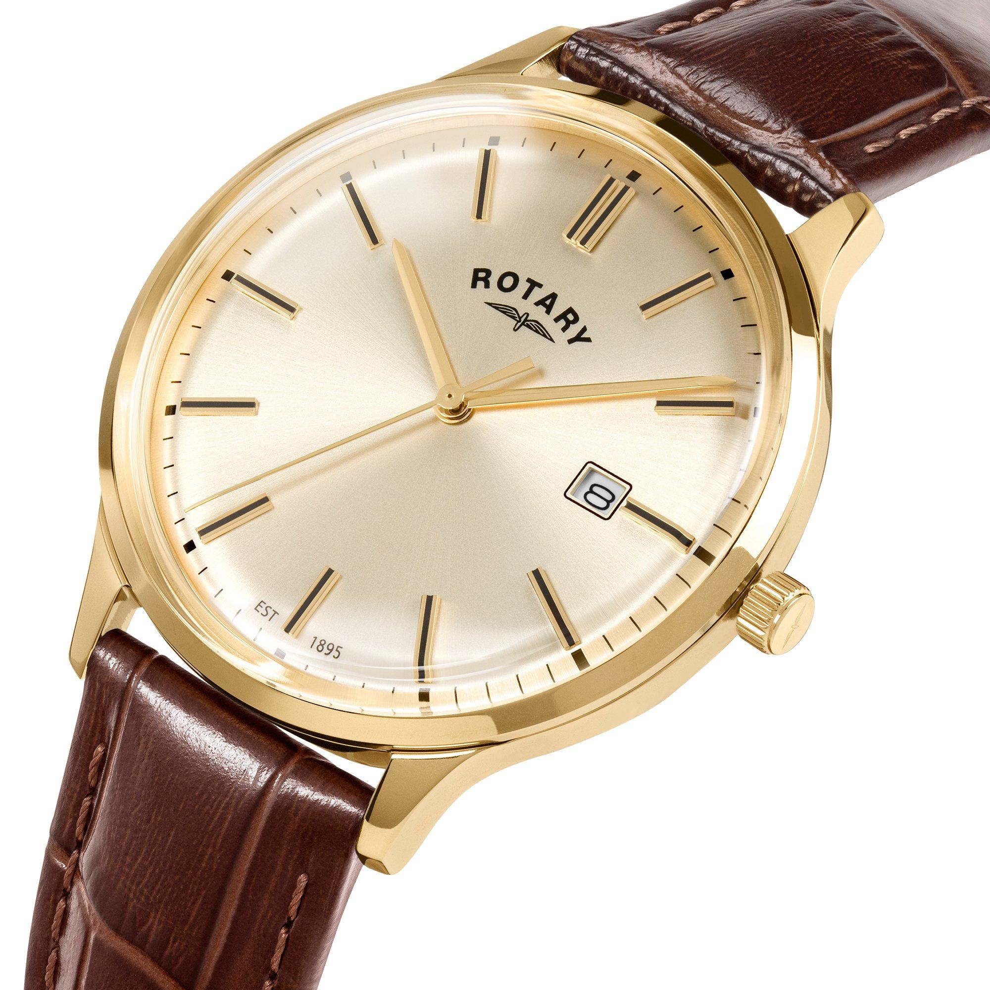Brown - Rotary - Rotary Mens 1895 Gold SS Brown Leather Strap Watc - 2