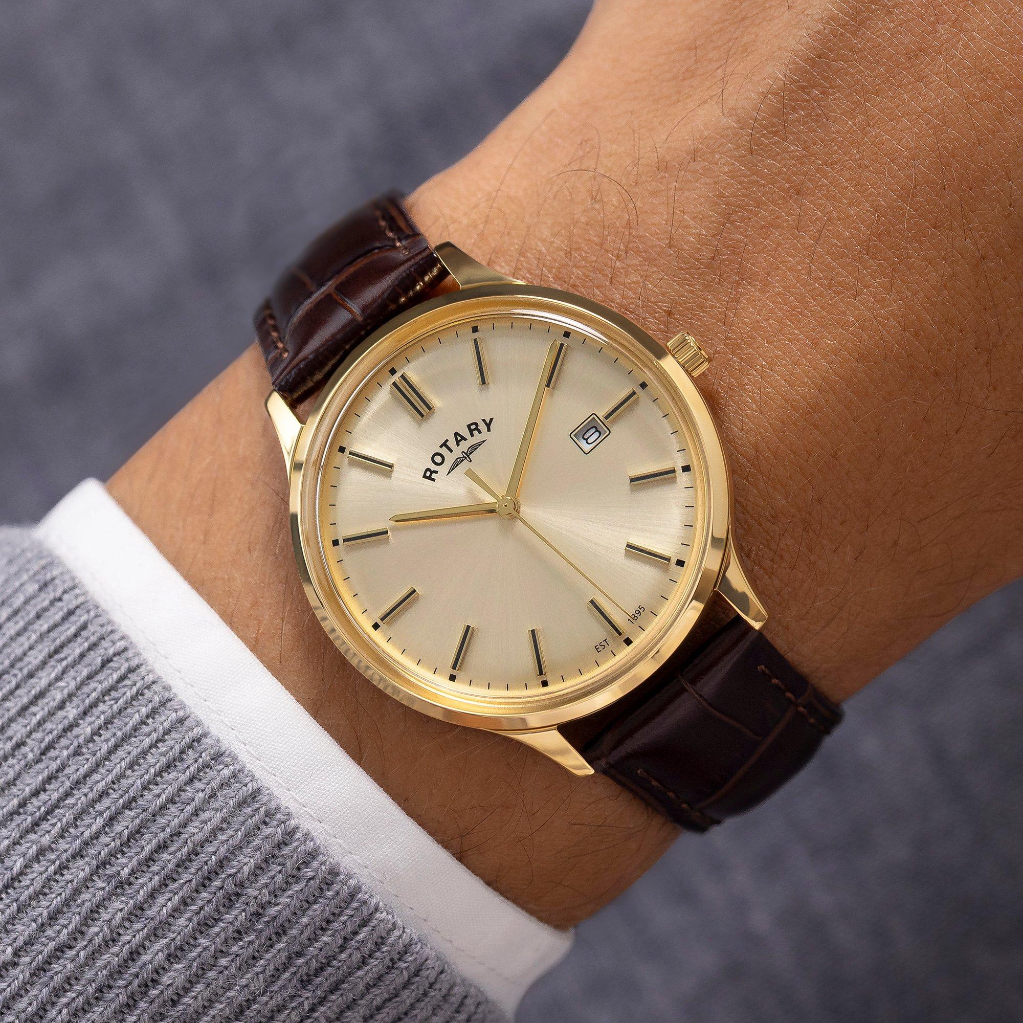 Brown - Rotary - Rotary Mens 1895 Gold SS Brown Leather Strap Watc - 3