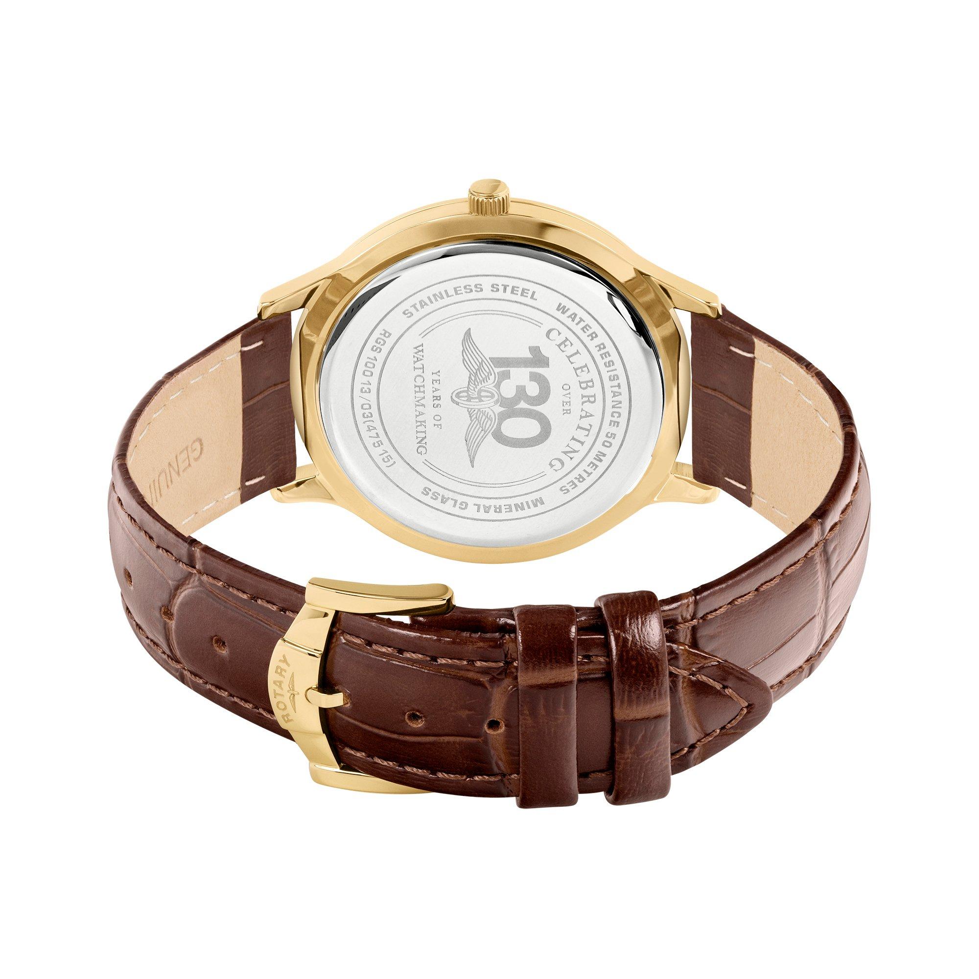 Brown - Rotary - Rotary Mens 1895 Gold SS Brown Leather Strap Watc - 4