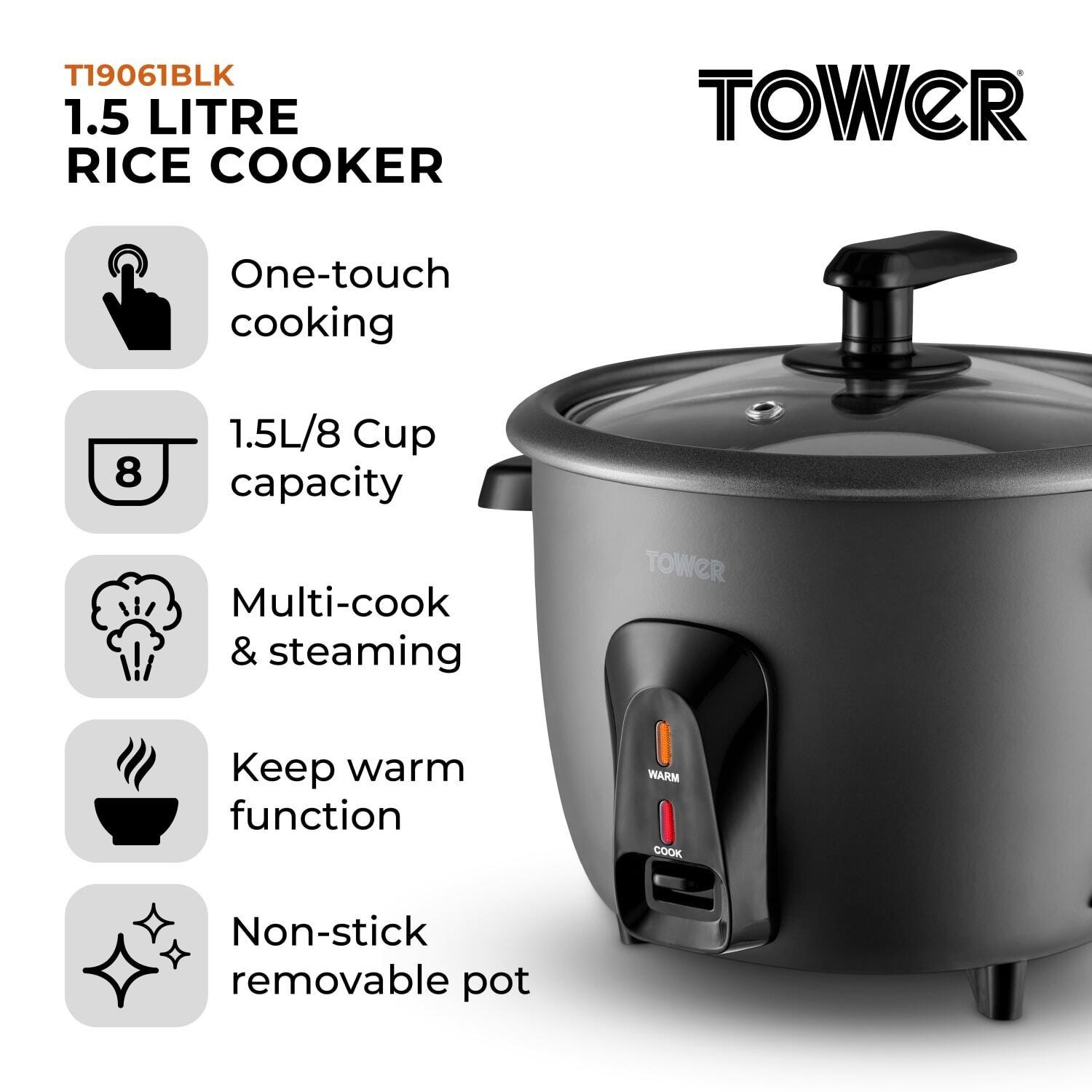 Black - Tower - Tower 1.5L/8-Cup Electric Rice Cooker - 2