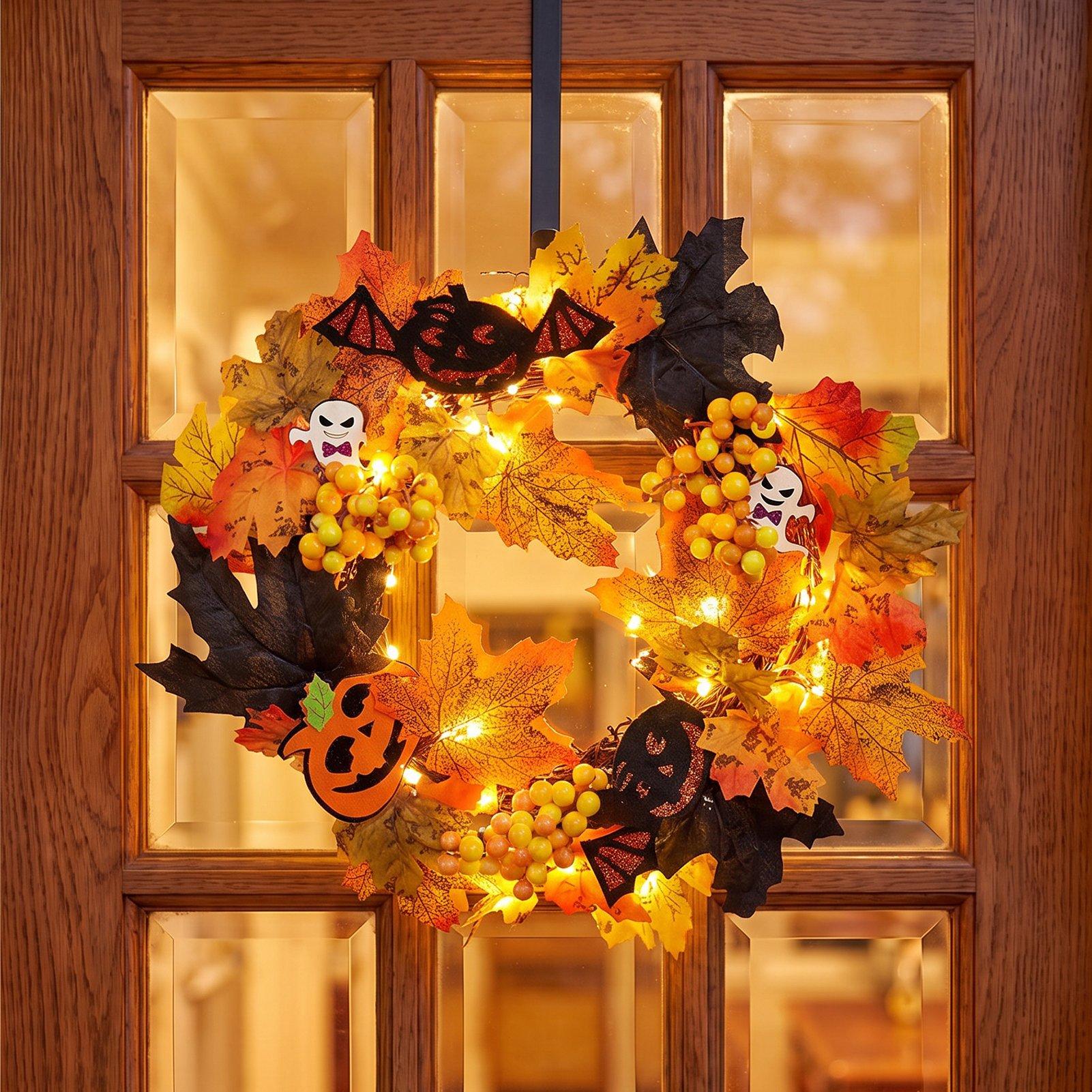 Orange/Black - LIFE IDEAS - Lighted Halloween Door Wreath - 1