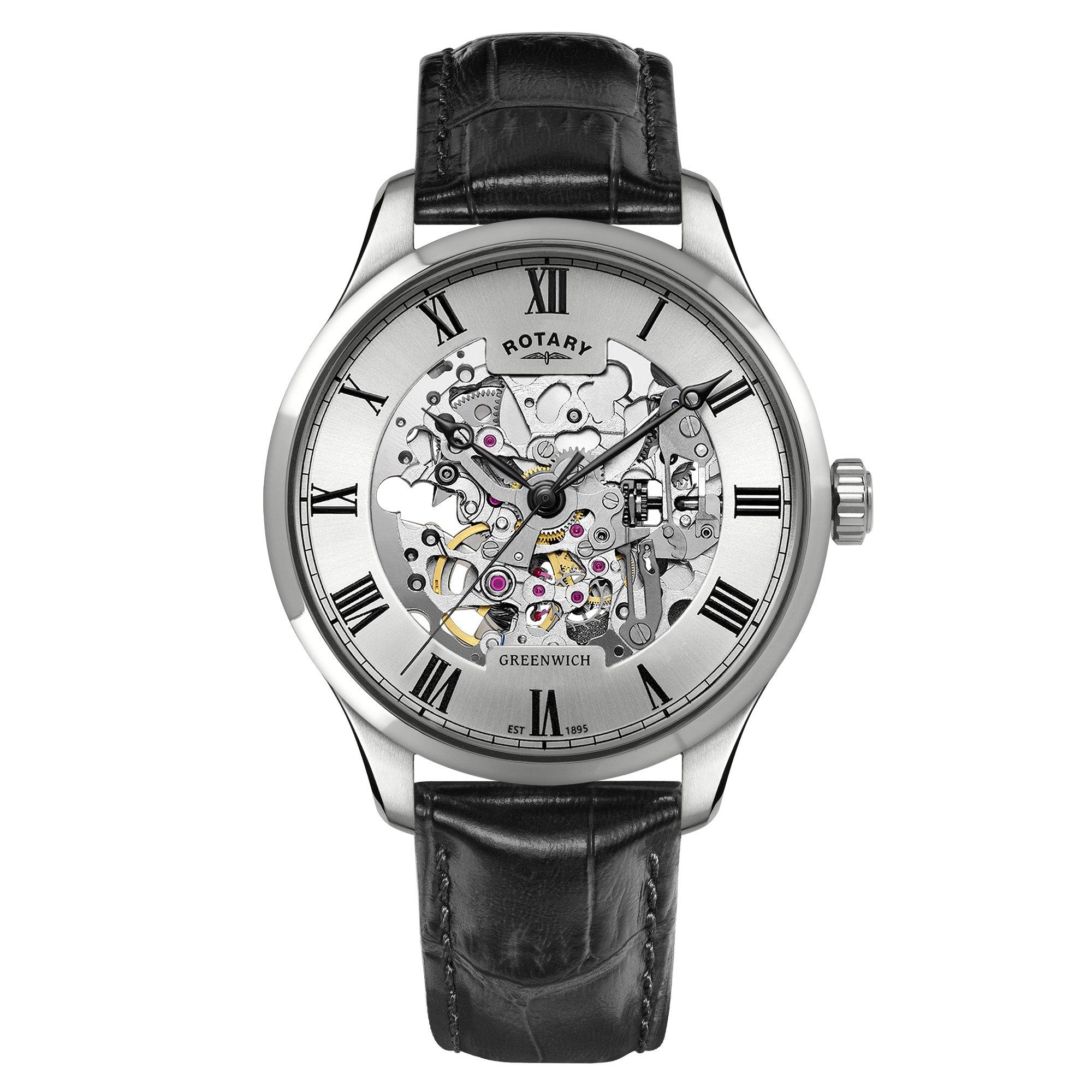 Black - Rotary - Mens Greenwich SS Black Leather Strap Watc - 1