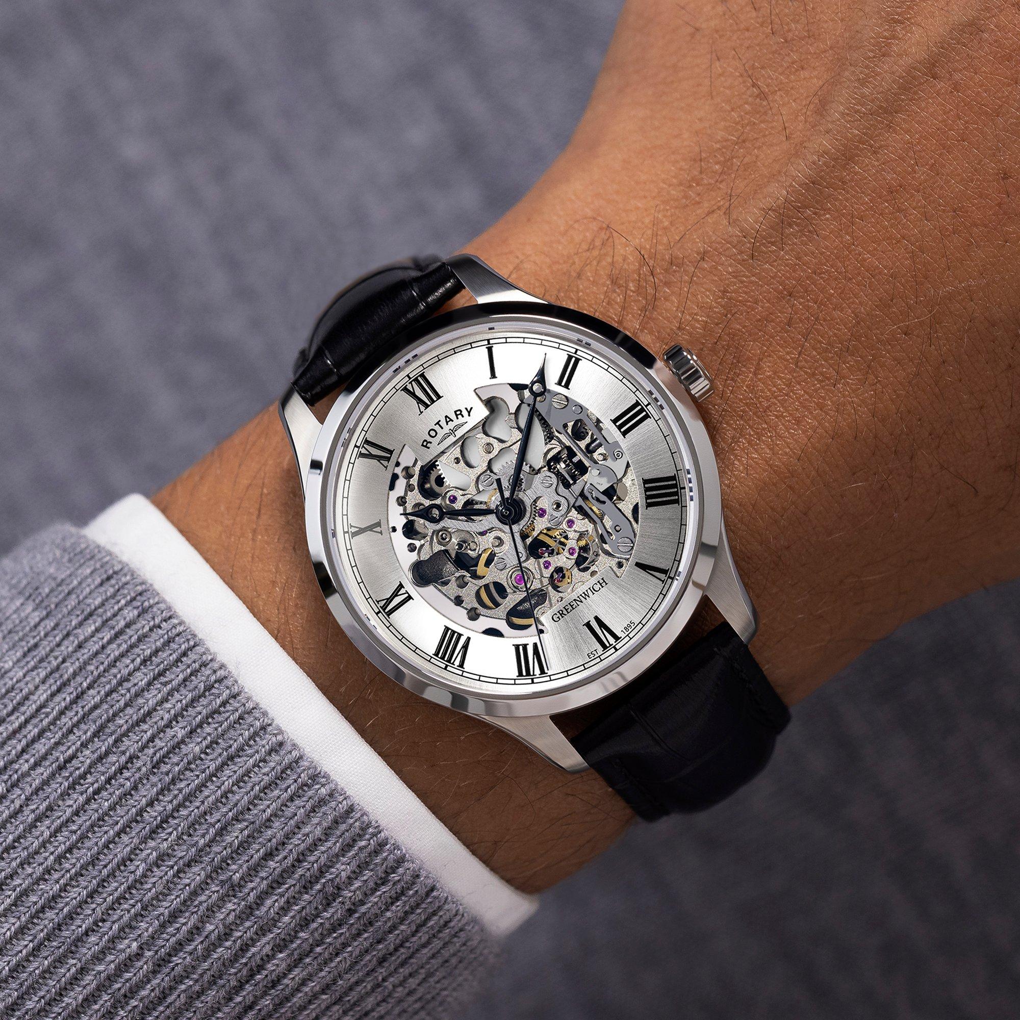 Black - Rotary - Mens Greenwich SS Black Leather Strap Watc - 3