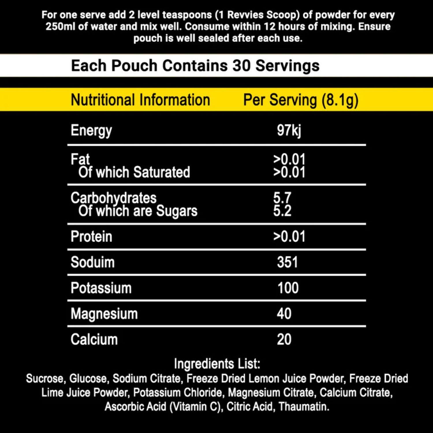 Lemon Lime - Revvies - Hypotonic Electrolyte Drink - 240g (30 Servings) - 4