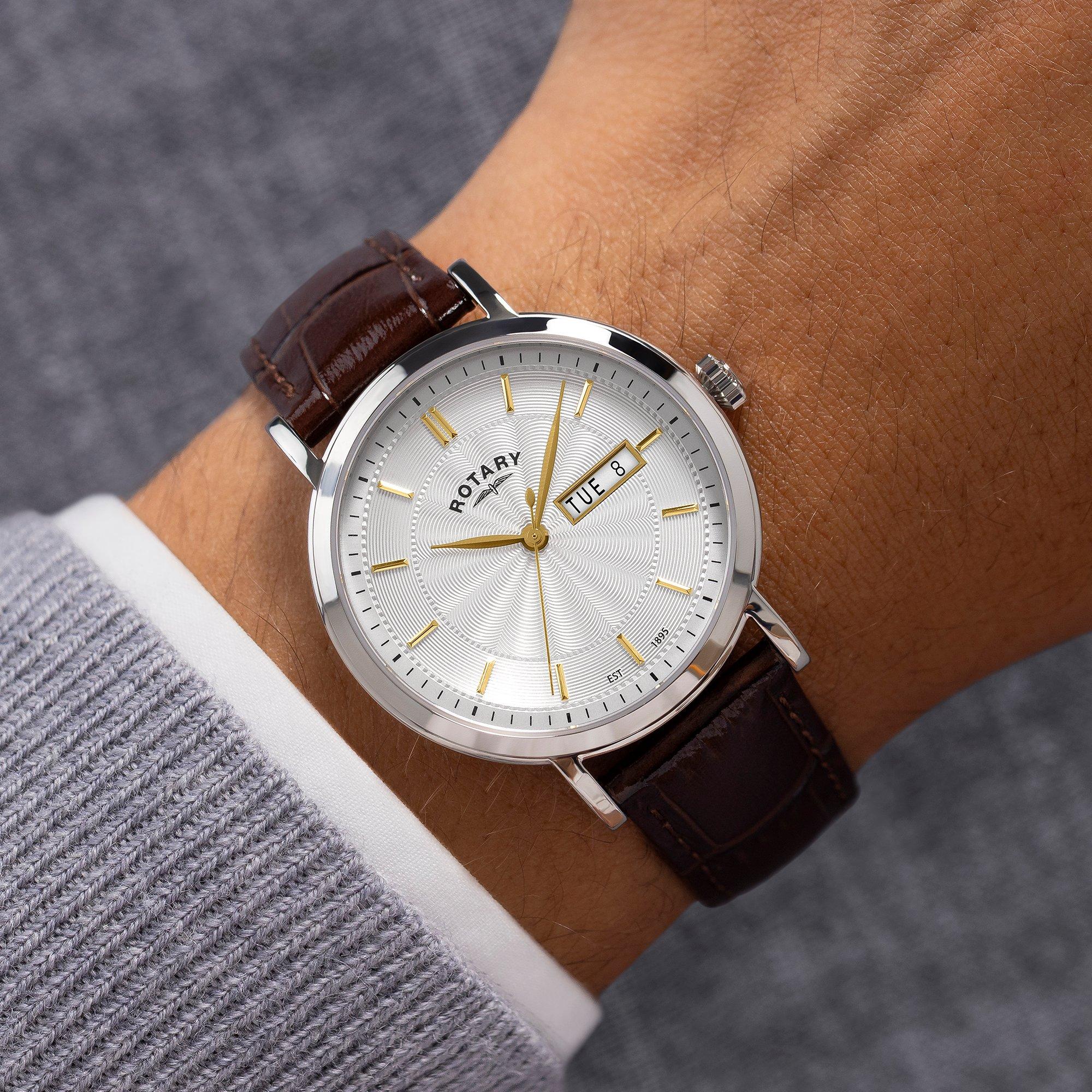 Brown - Rotary - Rotary Mens Heritage SS Brown Leather Strap Watch - 3